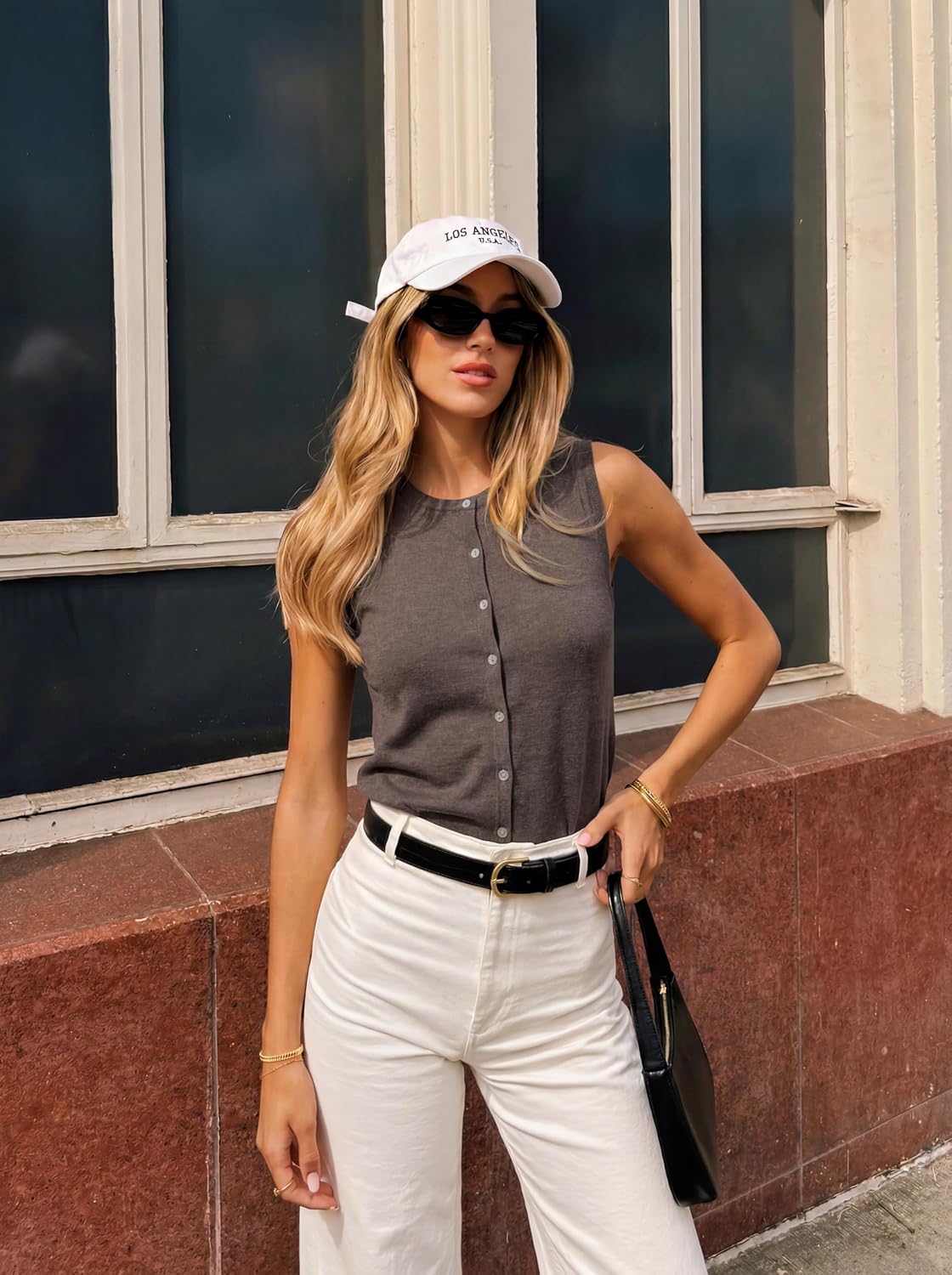 Women's Brown Button Down Crew Neck Knit Tank Women's Brown Button Down Crew Neck Knit Tank