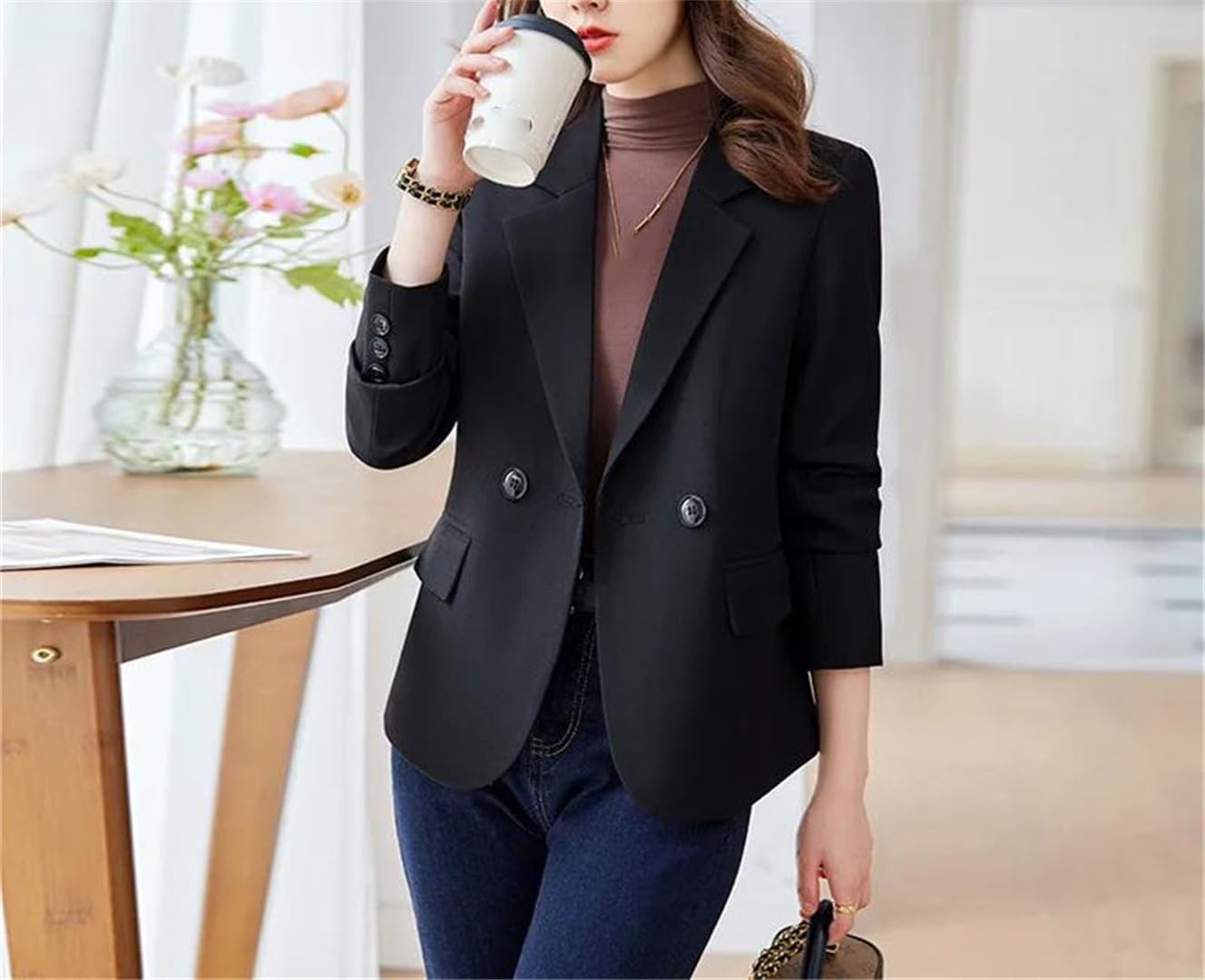 Women's Double Button Slim Fit Blazer Brown Women's Double Button Slim Fit Blazer Brown