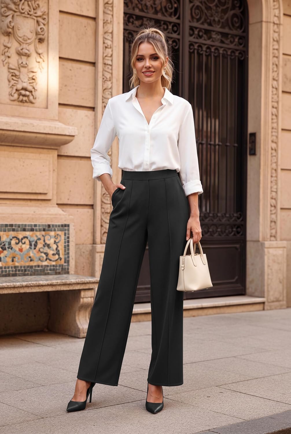 Womens Wide Leg Dress Pants High Waisted Pull On Work Trousers Business Casual Palazzo