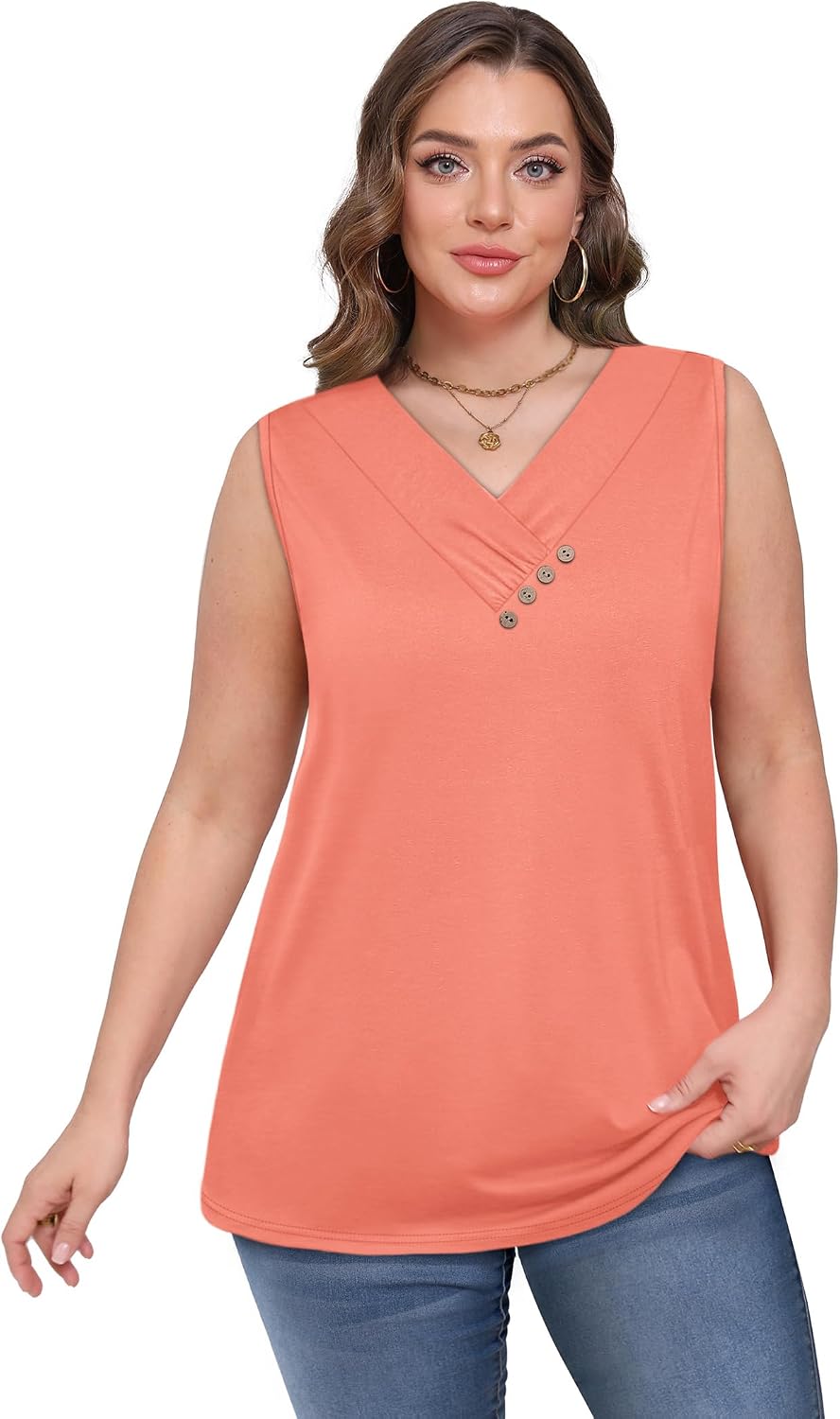 Women's Button Down V Neck Sleeveless Tank Top Coral