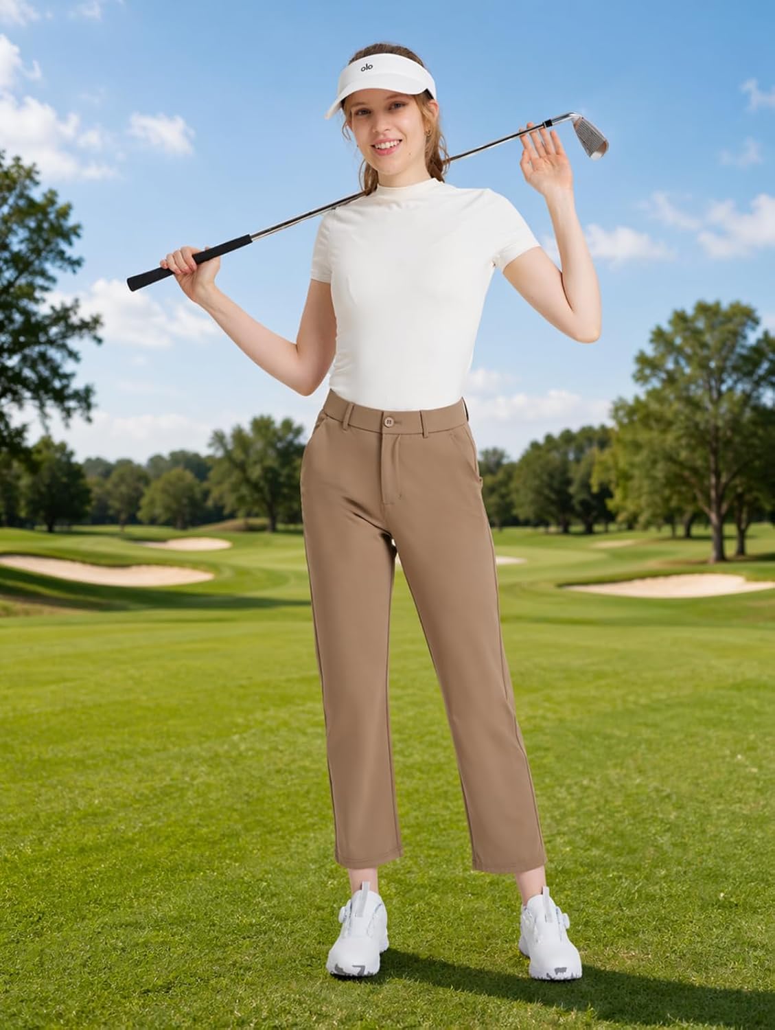 Women's Golf Pants Stretch Ankle Slacks with Pockets Tan