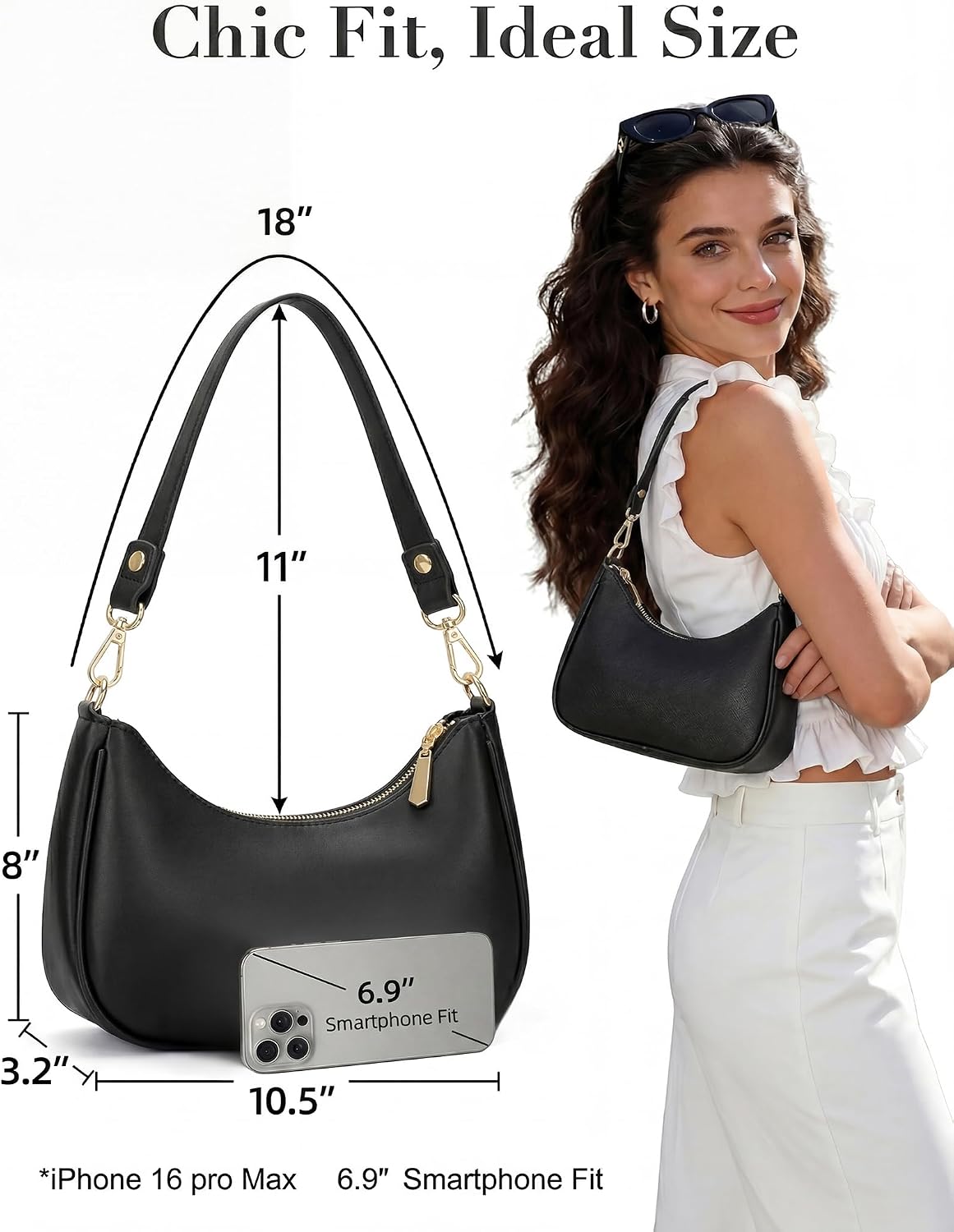 Women's Crescent Vegan Leather Hobo Handbag, Black Women's Crescent Vegan Leather Hobo Handbag, Black