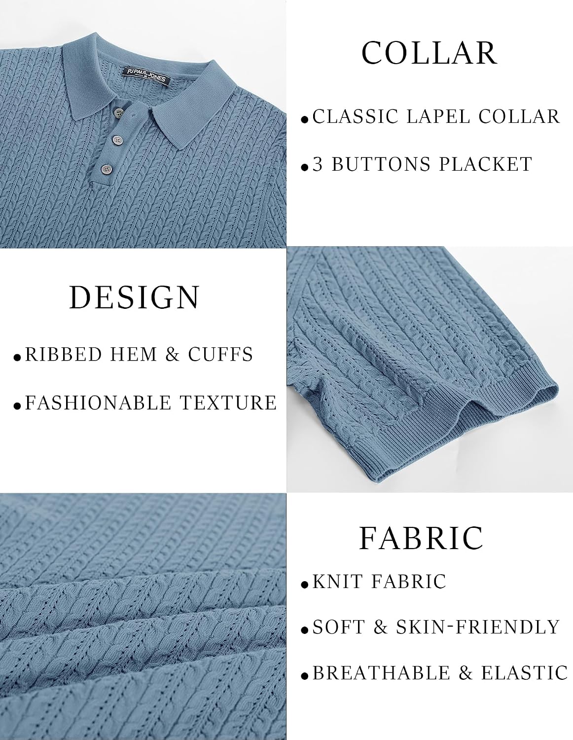 Men's Cable Knit Polo Shirt Short Sleeve Blue Men's Cable Knit Polo Shirt Short Sleeve Blue