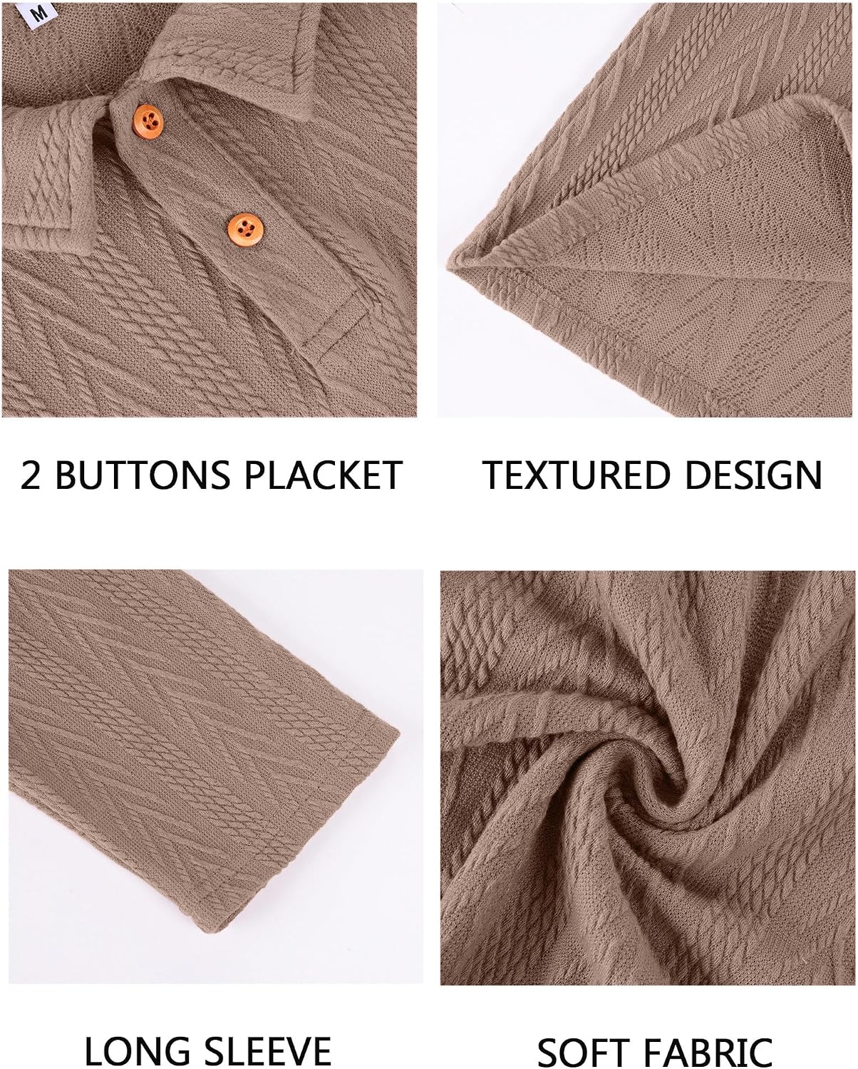 Men's Long Sleeve Textured Knit Polo Shirt Khaki Men's Long Sleeve Textured Knit Polo Shirt Khaki