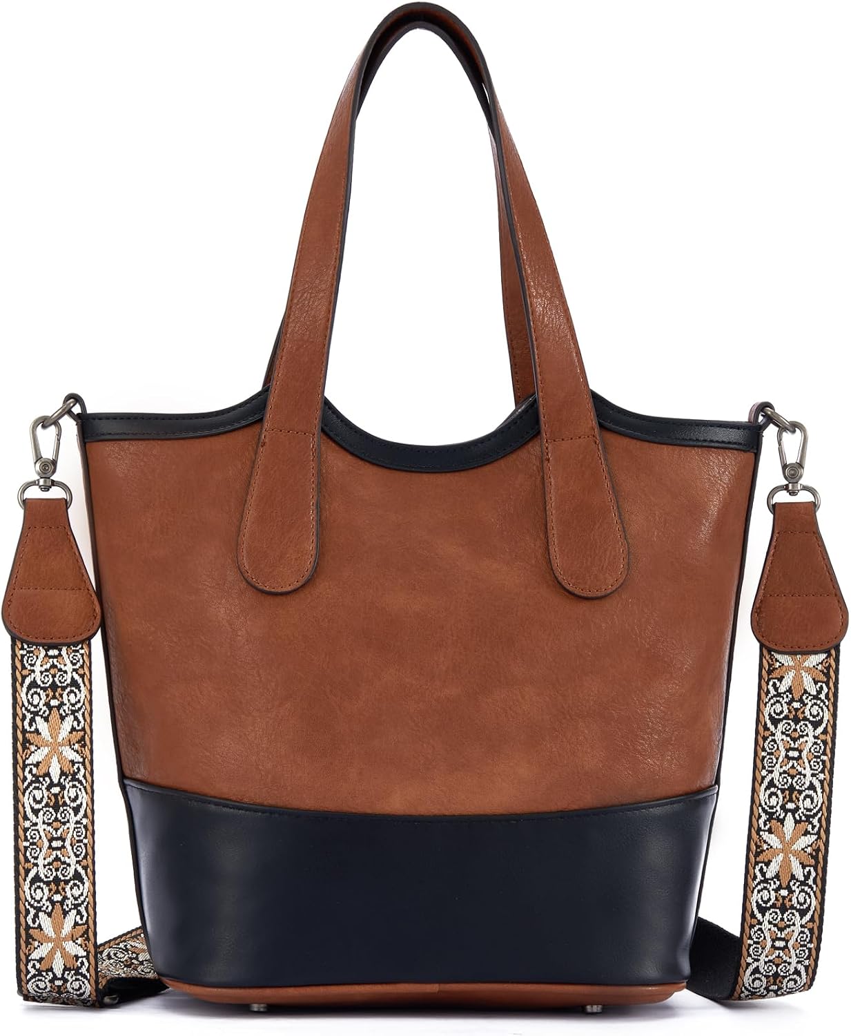 Women's Two-Tone Vegan Leather Shoulder Tote Bag, Brown