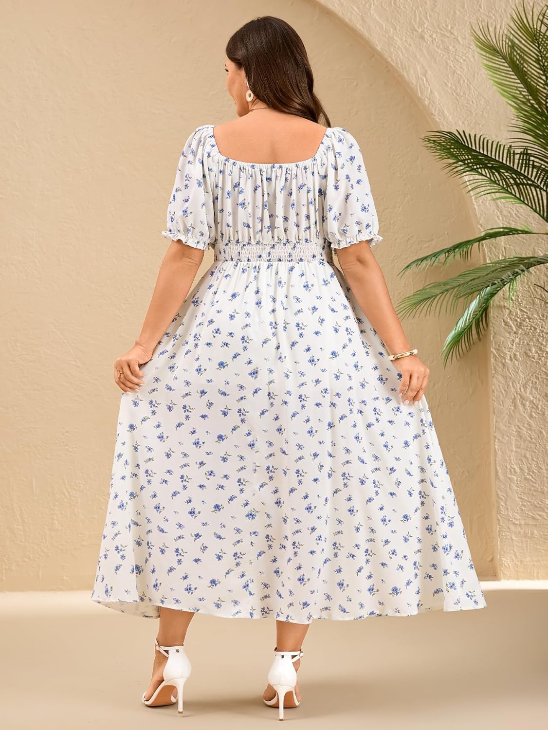 Women's Plus Size Summer Milkmaid Dress Short Sleeve Square Neck Tie Front Split A-Line Boho Casual