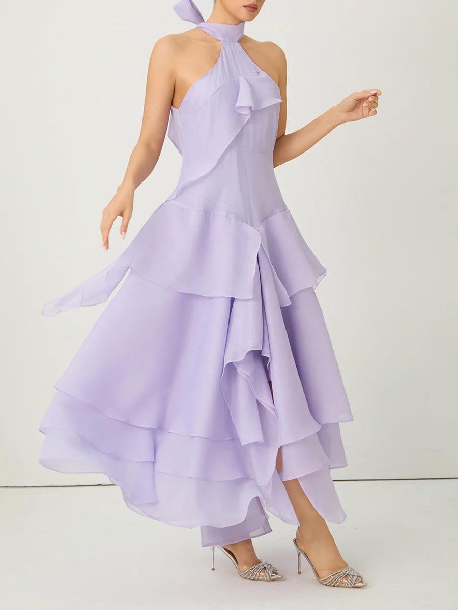 Women's Halter Tiered Maxi Dress Sleeveless Ruffle Lavender Women's Halter Tiered Maxi Dress Sleeveless Ruffle Lavender