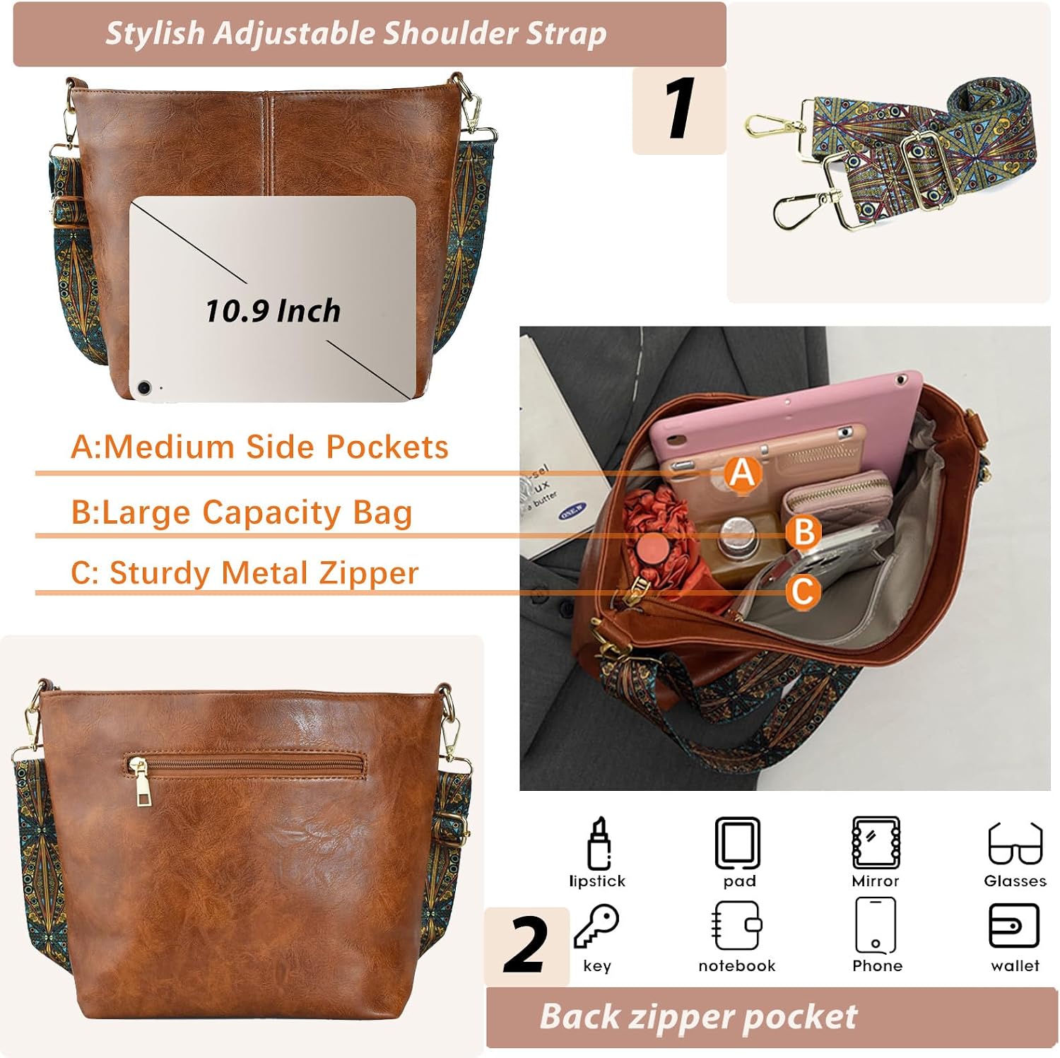 Women's Brown Hobo Crossbody Bag with Boho Guitar Strap