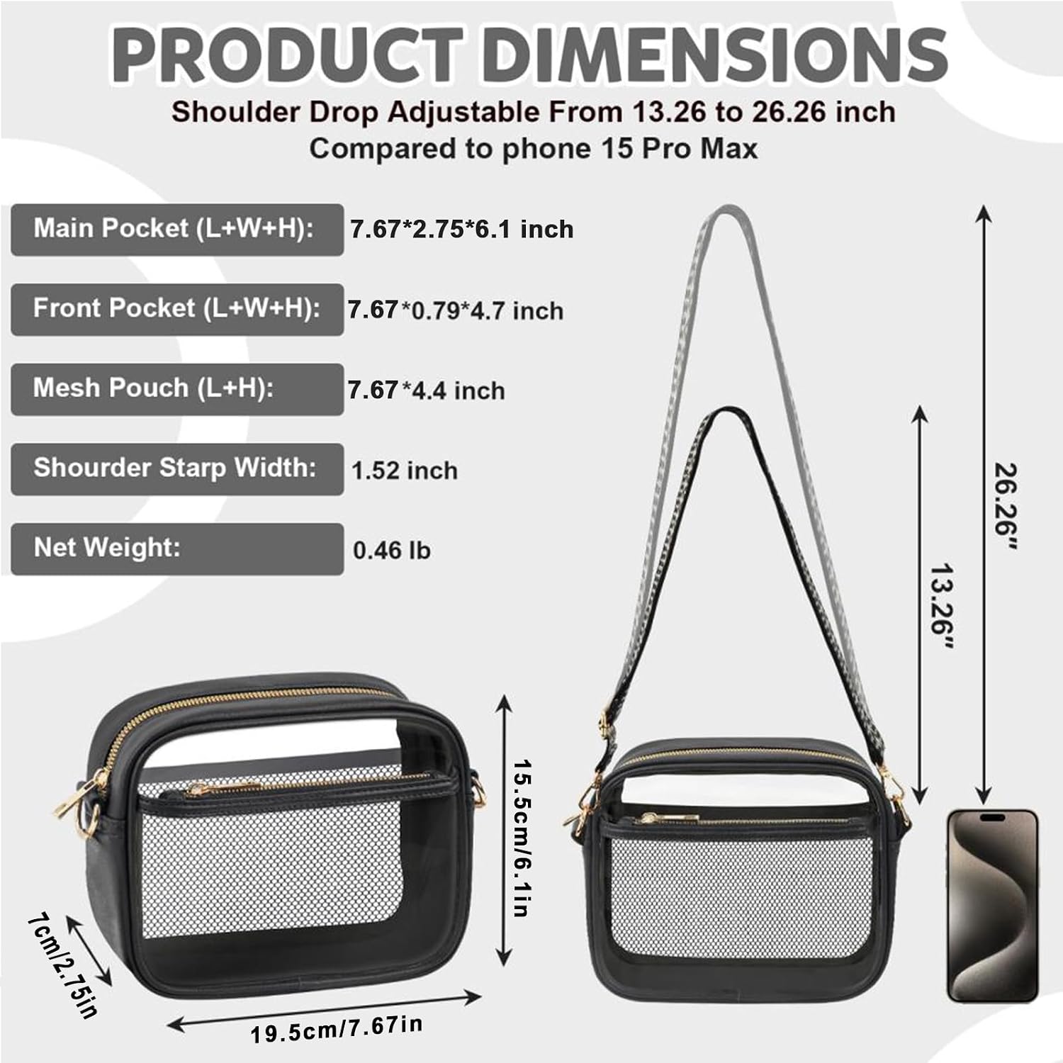 Women's Clear Crossbody Bag Stadium Approved TPU Purse Black