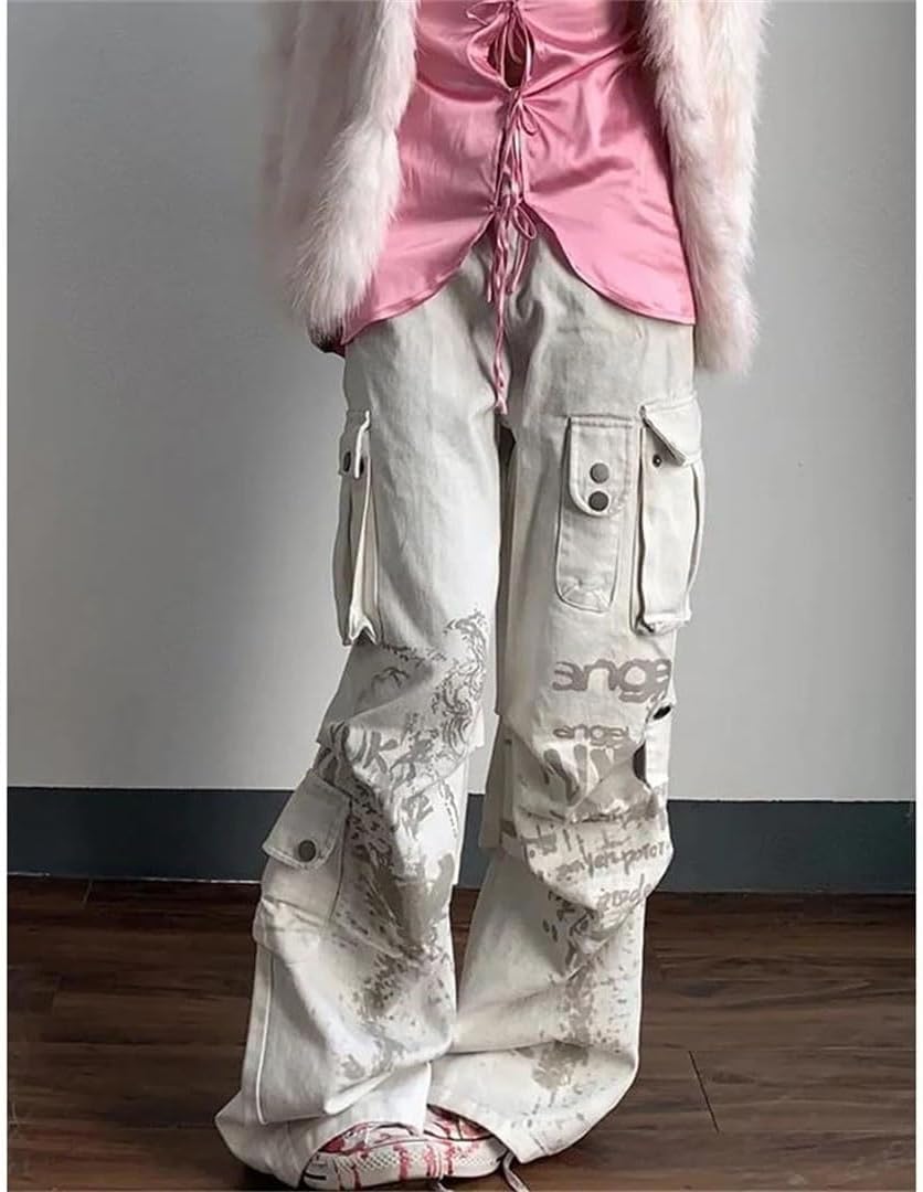 Women's Baggy Wide Leg Cargo Jeans White Graffiti