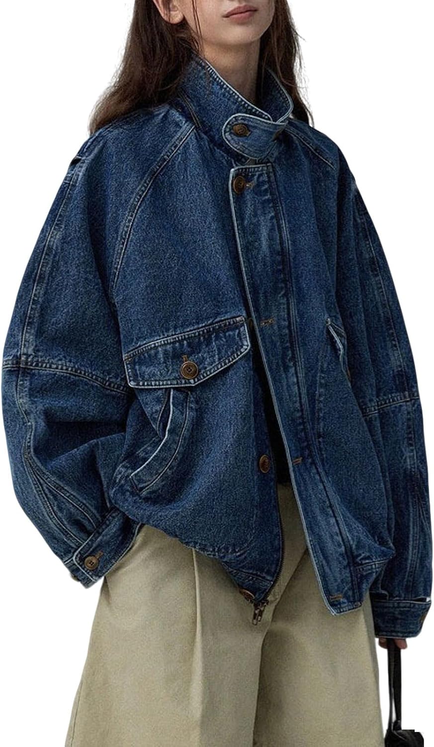 Women Oversized Jean Jacket Zip Up Denim Trucker Boyfriend Pilot Coat Y2k Baggy Jackets Fall Outwear