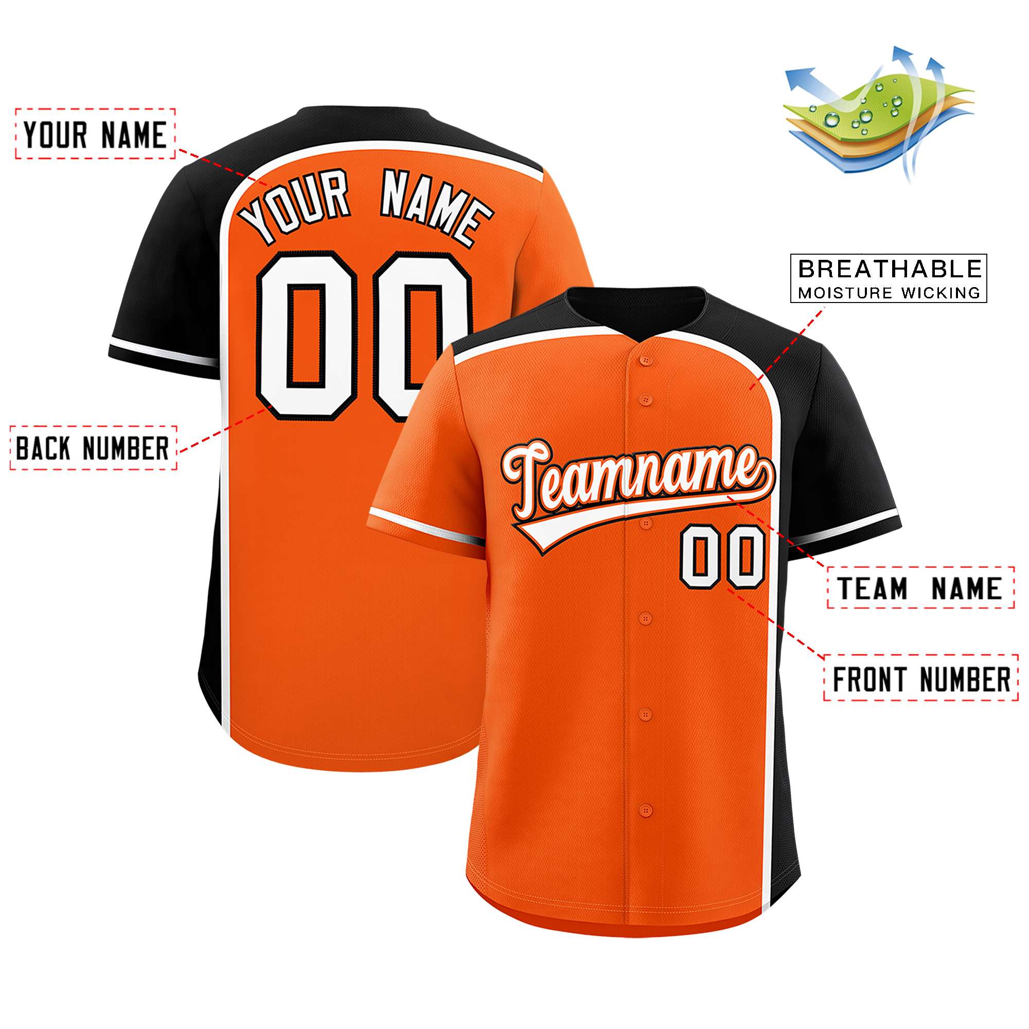 Benutzerdefiniertes, personalisiertes, authentisches Baseball-Trikot mit Farbblock