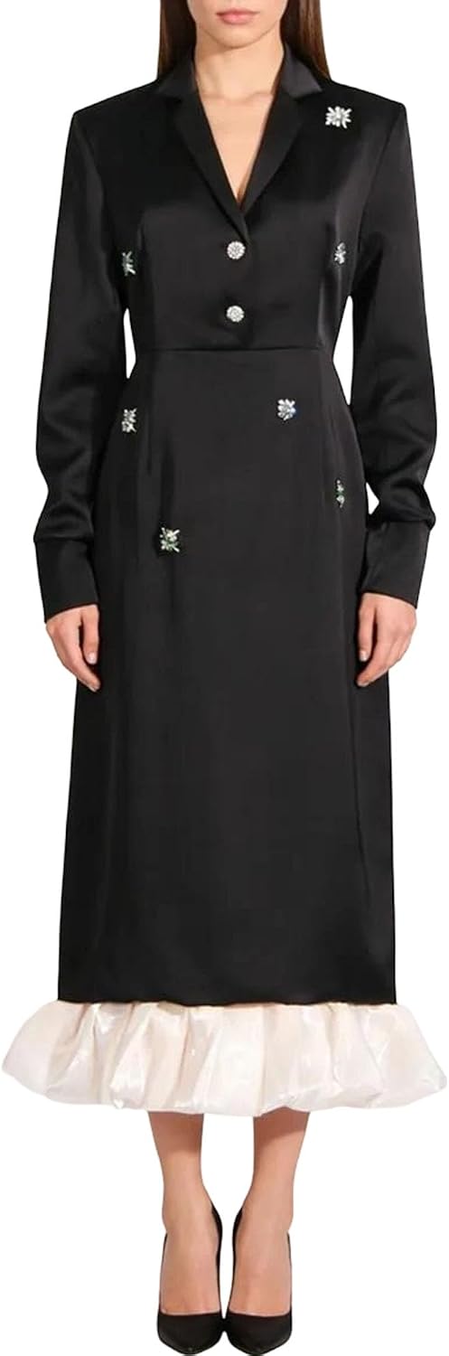 Women's Embellished Satin Midi Dress Lapel Long Sleeve Black