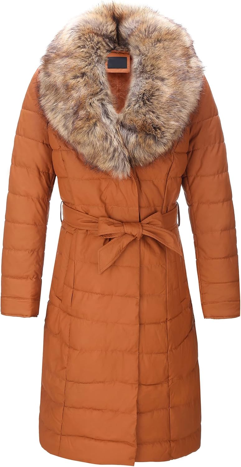 Women's Long Belted Puffer Coat Faux Fur Collar Camel