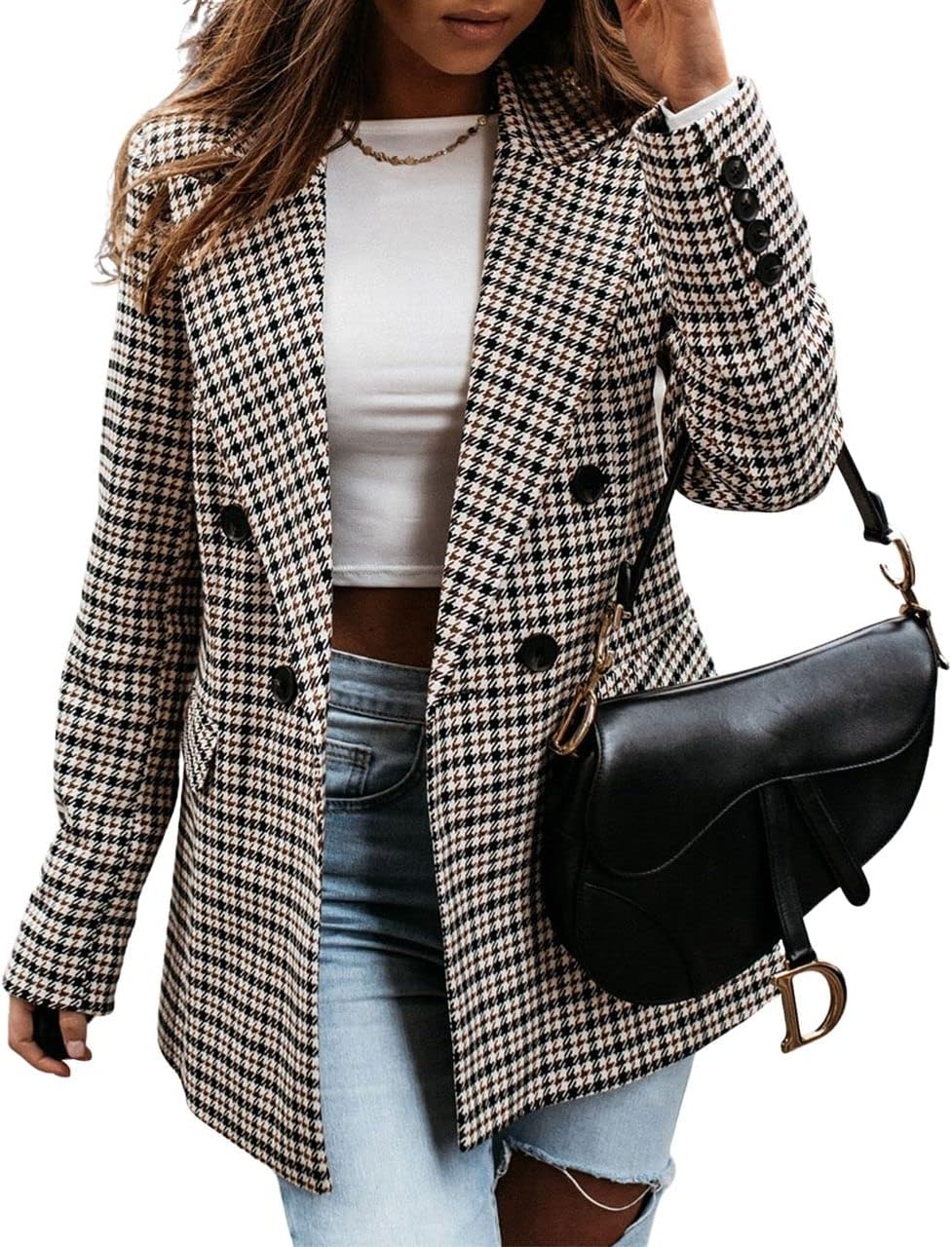 Women's Elegant Plaid Thoundstooth Blazer Double Breasted Fit Check Jacket Coat