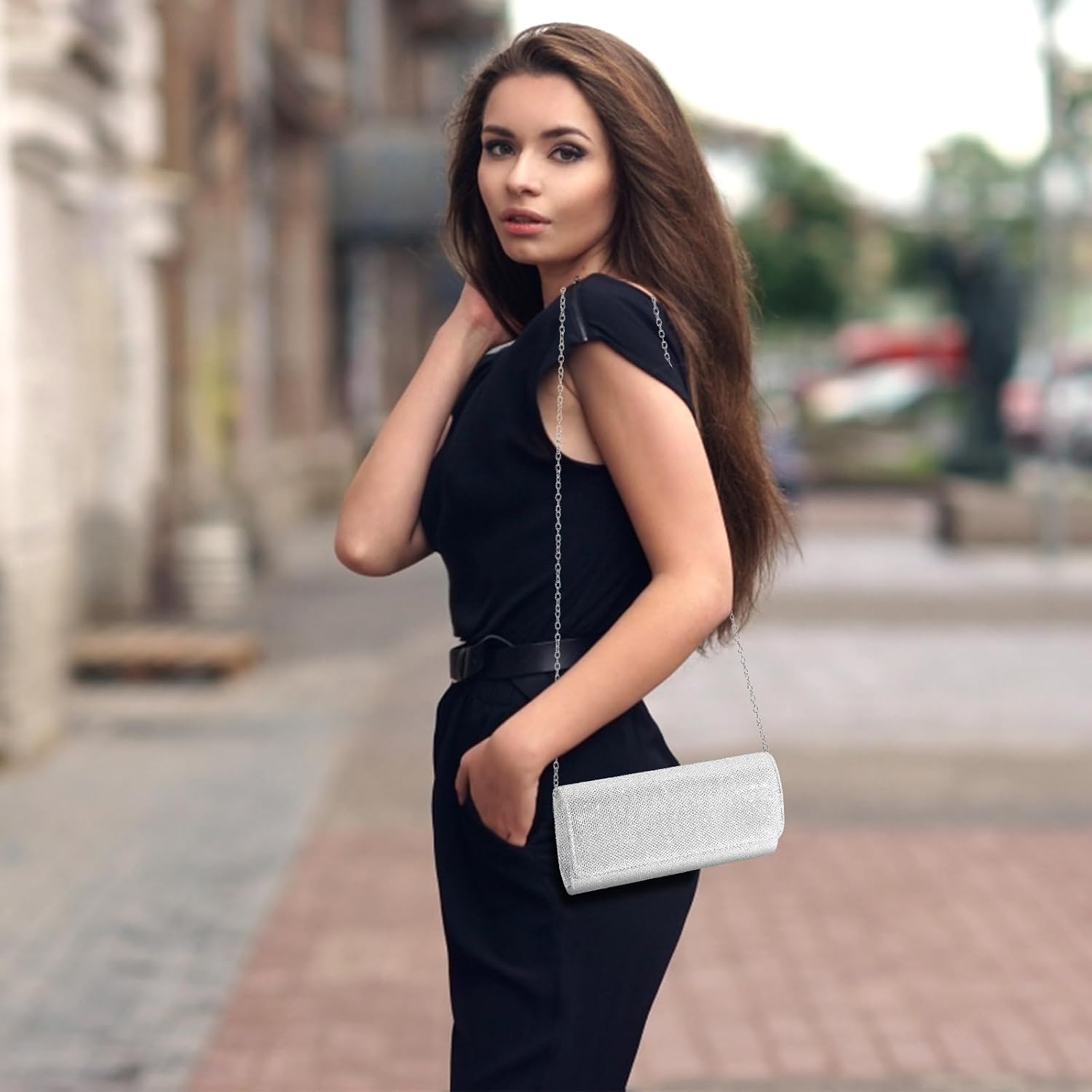 Women's Silver Glitter Clutch Purse with Detachable Chain Strap