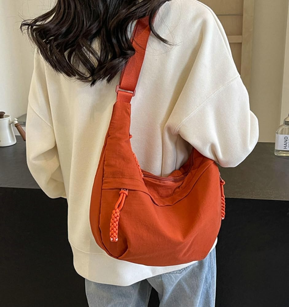 Women's Nylon Crescent Hobo Shoulder Bag Orange Beige