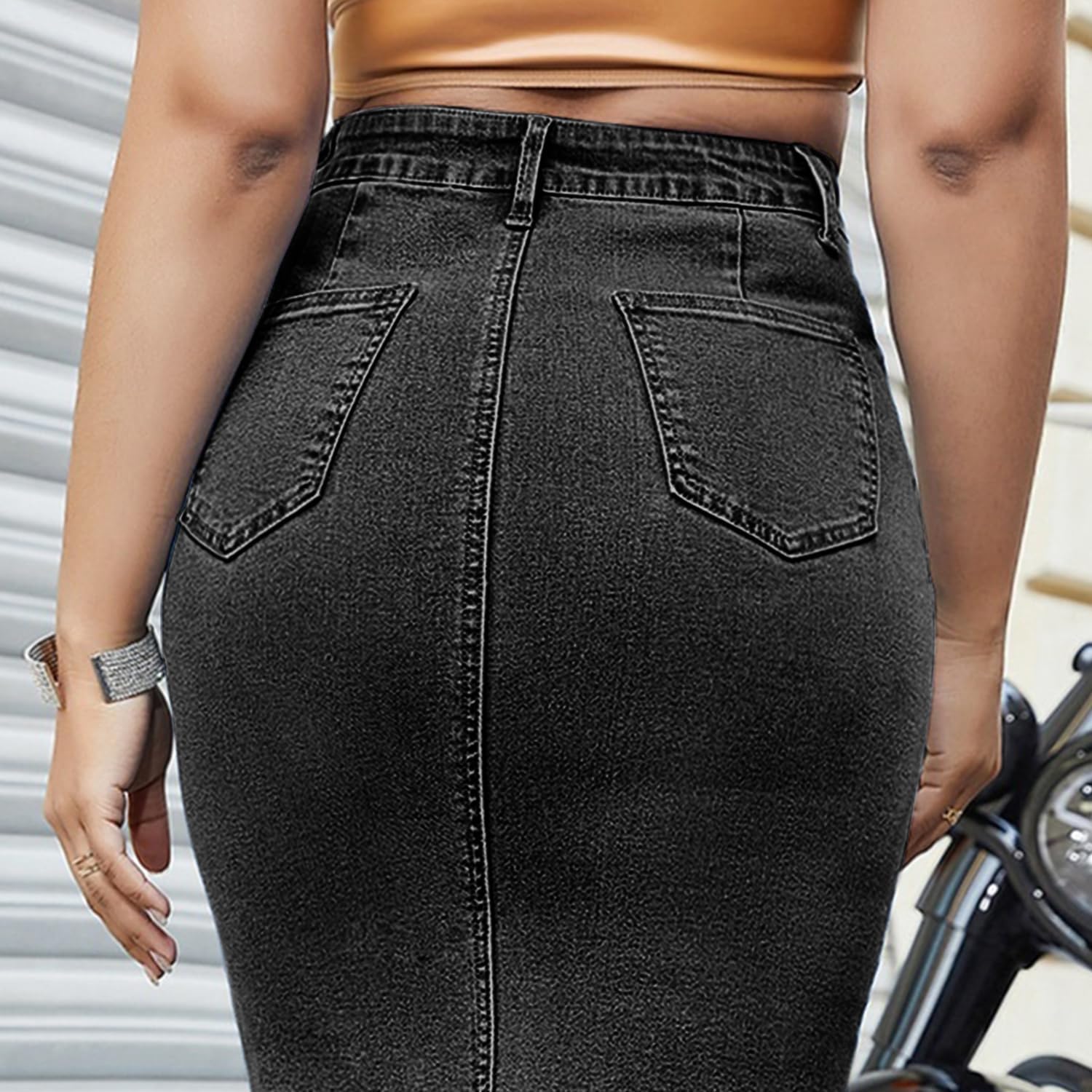 Women's Denim Pencil Midi Skirt Stretch Back Slit Black