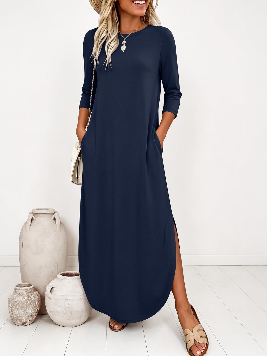Women\u2019s 3-Quarter Sleeve Maxi Dress Pockets Soft Wrinkle Resistance Fabric Casual Loose Crewneck Split Travel Vacation Work All-Day Wear Fall Spring Transition Outfits
