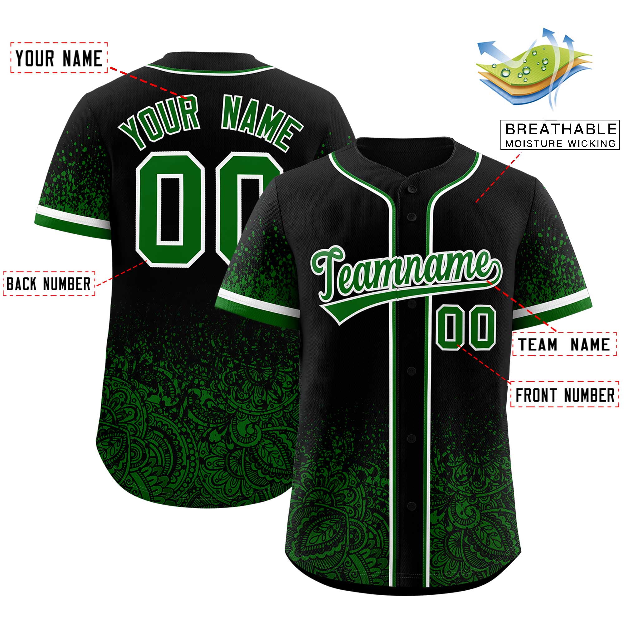 Benutzerdefiniertes Blumendruckmuster mit durchgehendem Knopf und Farbverlauf, modisches Baseball-Trikot