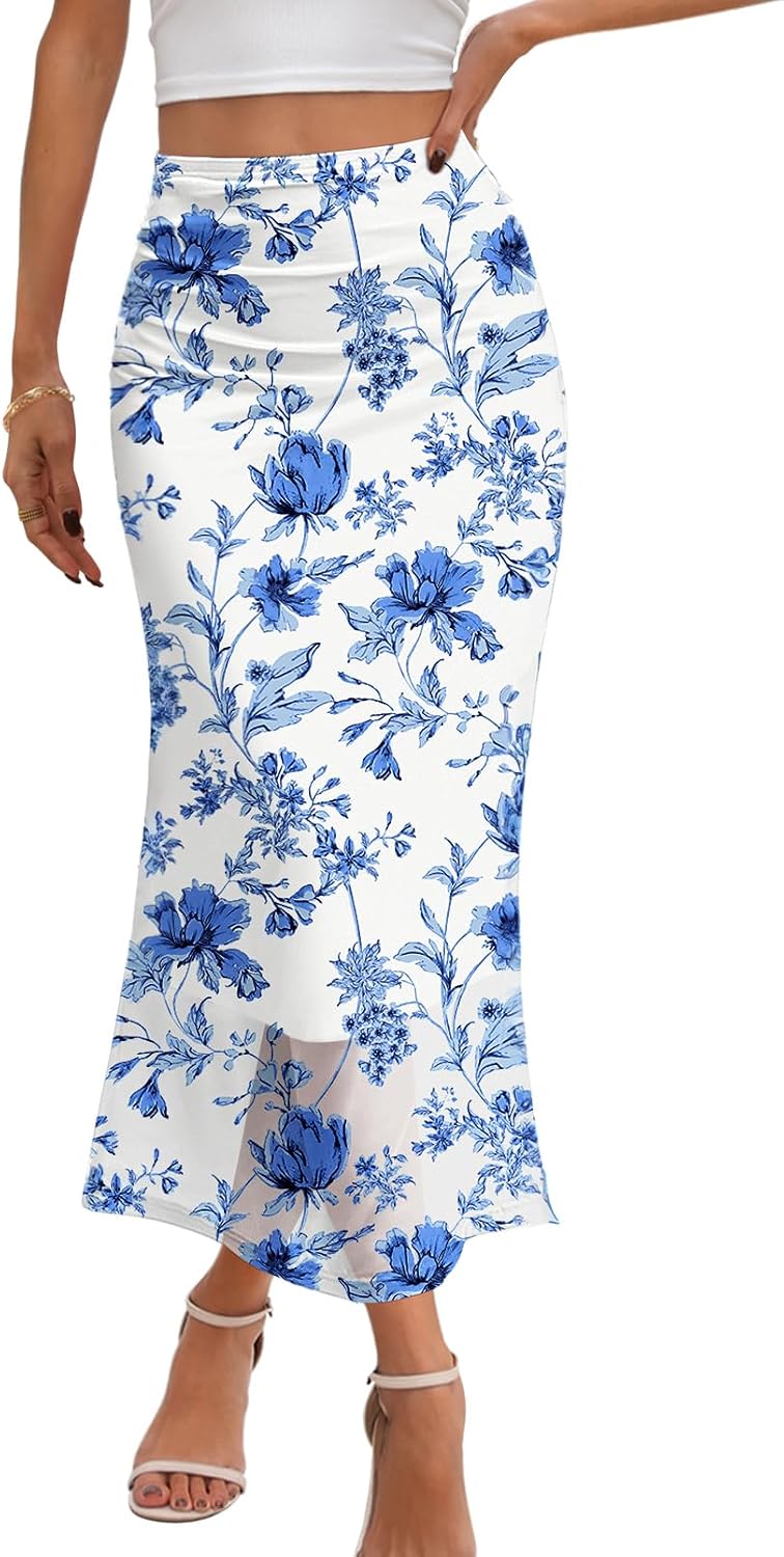 Women's Floral Mesh Midi Skirt Blue Ruched Fishtail