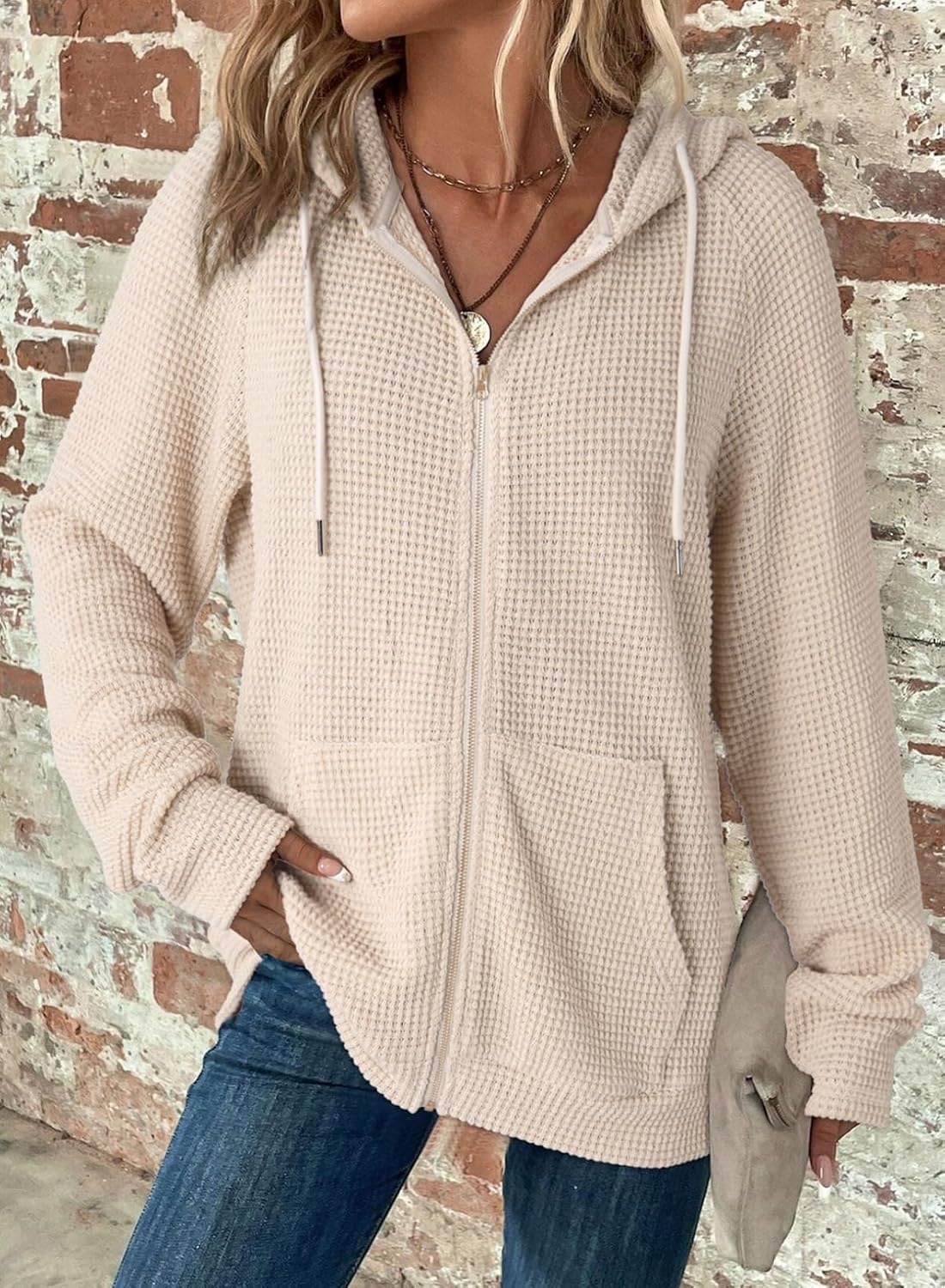 Women's Full Zip Up Hoodies Waffle Knit Long Sleeve Drawstring Casual Sweatshirt Hooded Tops
