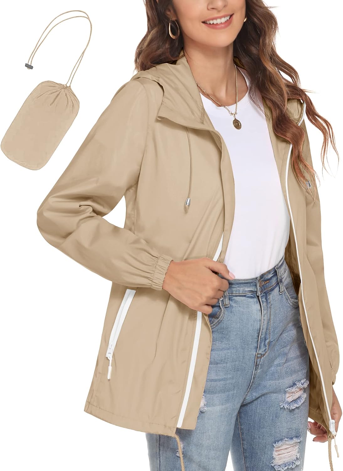 Women's Packable Hooded Rain Jacket Lightweight Khaki