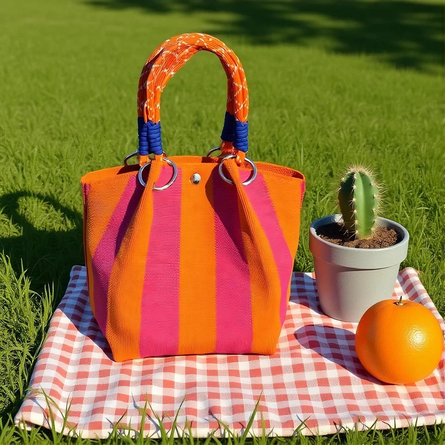 Women's Knit Striped Mini Bucket Tote Orange