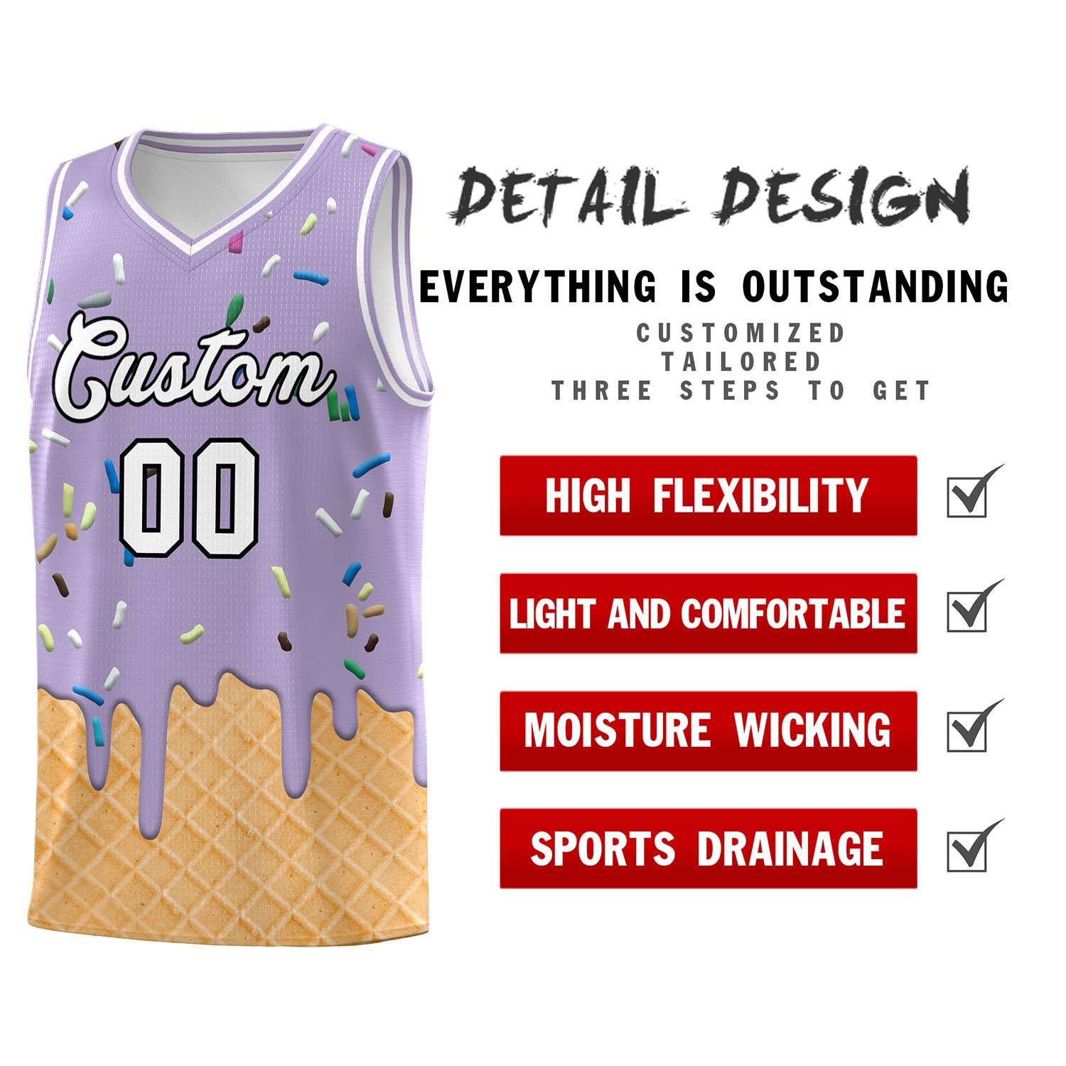 Benutzerdefinierte hellviolette Basketball-Kits mit Eiscreme-Elementmuster