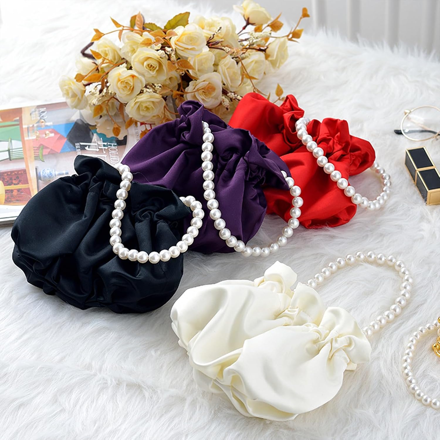 Women's Satin Drawstring Evening Bag with Pearl Chain