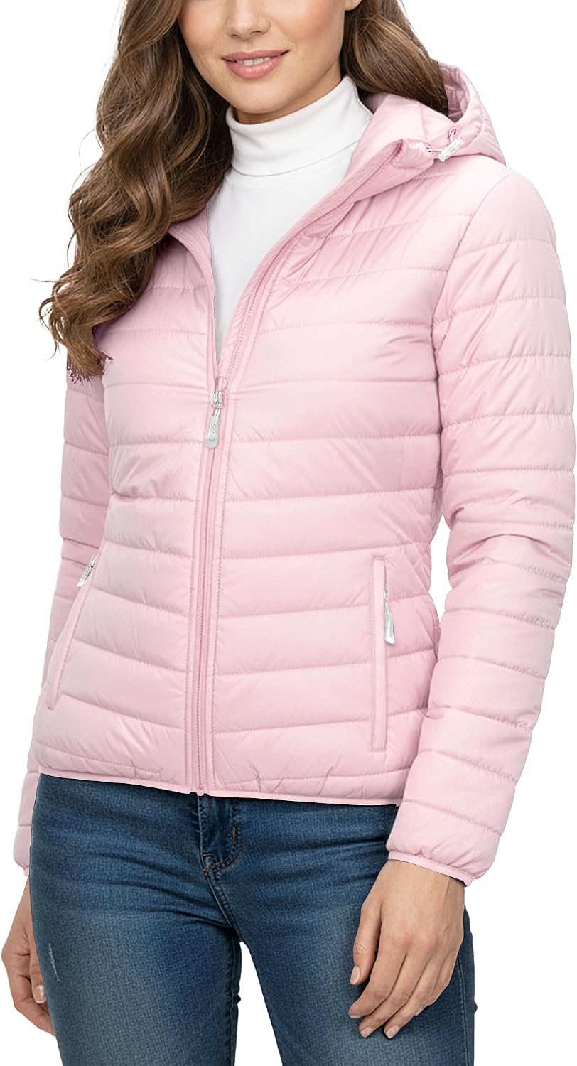 Women's Packable Hooded Puffer Jacket Lightweight Pink