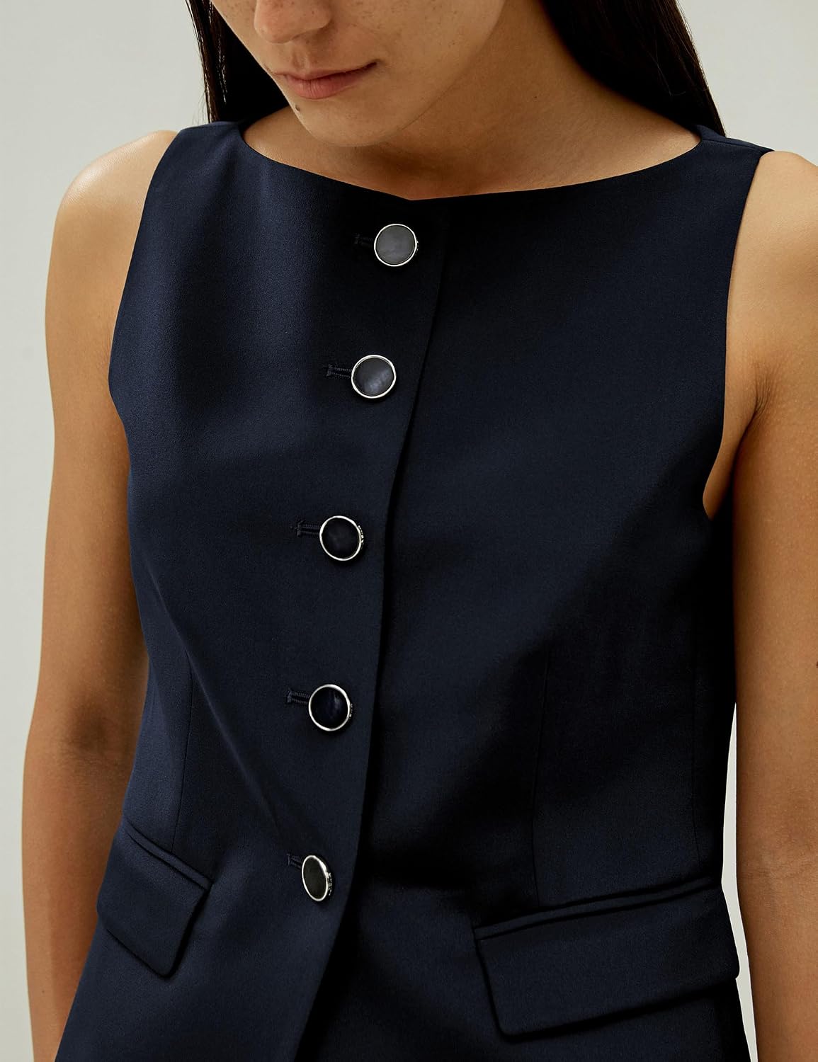 Women's Silk Button Front Blazer Vest Navy Sleeveless Waistcoat
