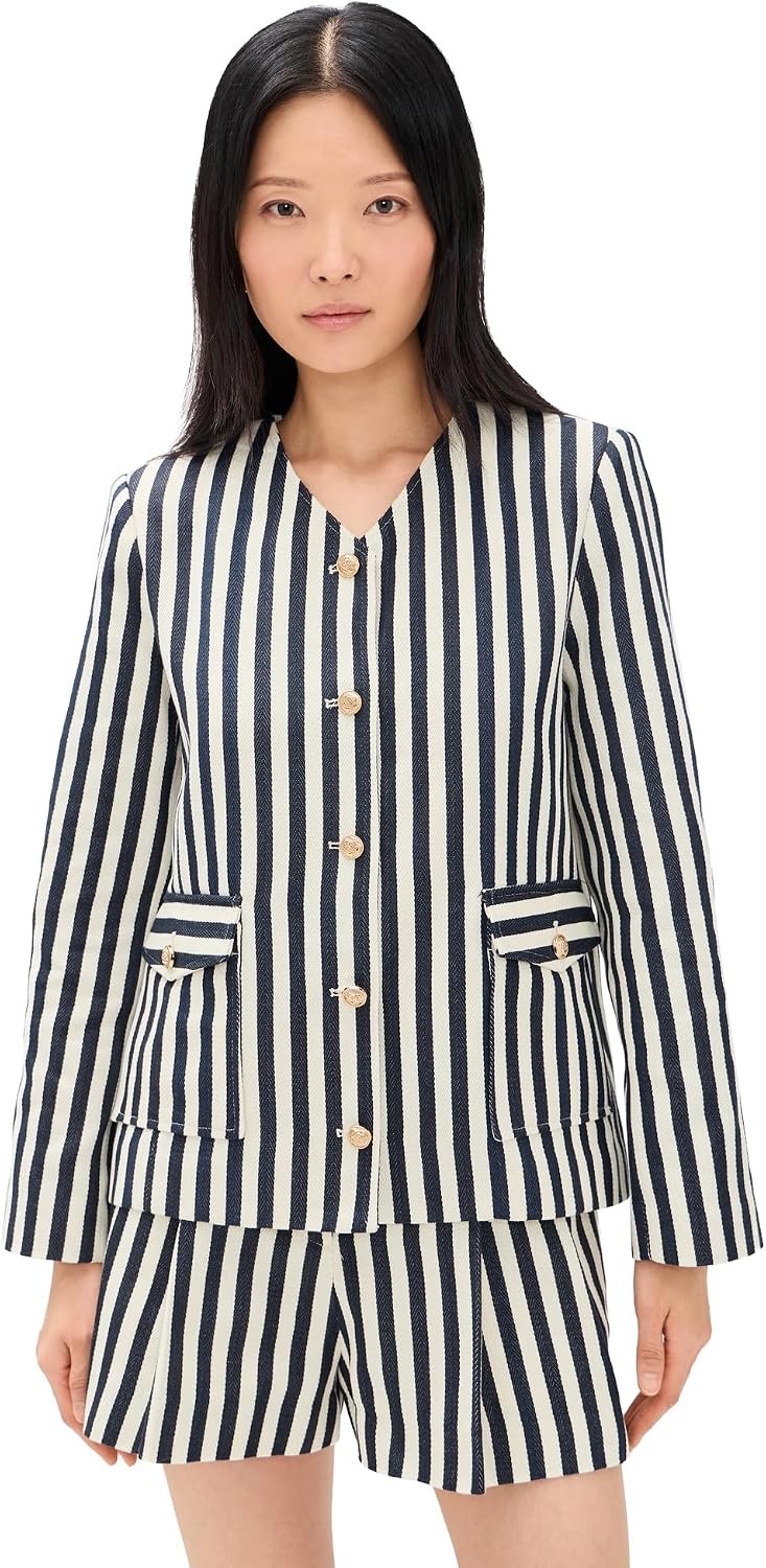 Women's Striped Gold Button Collarless Jacket Navy