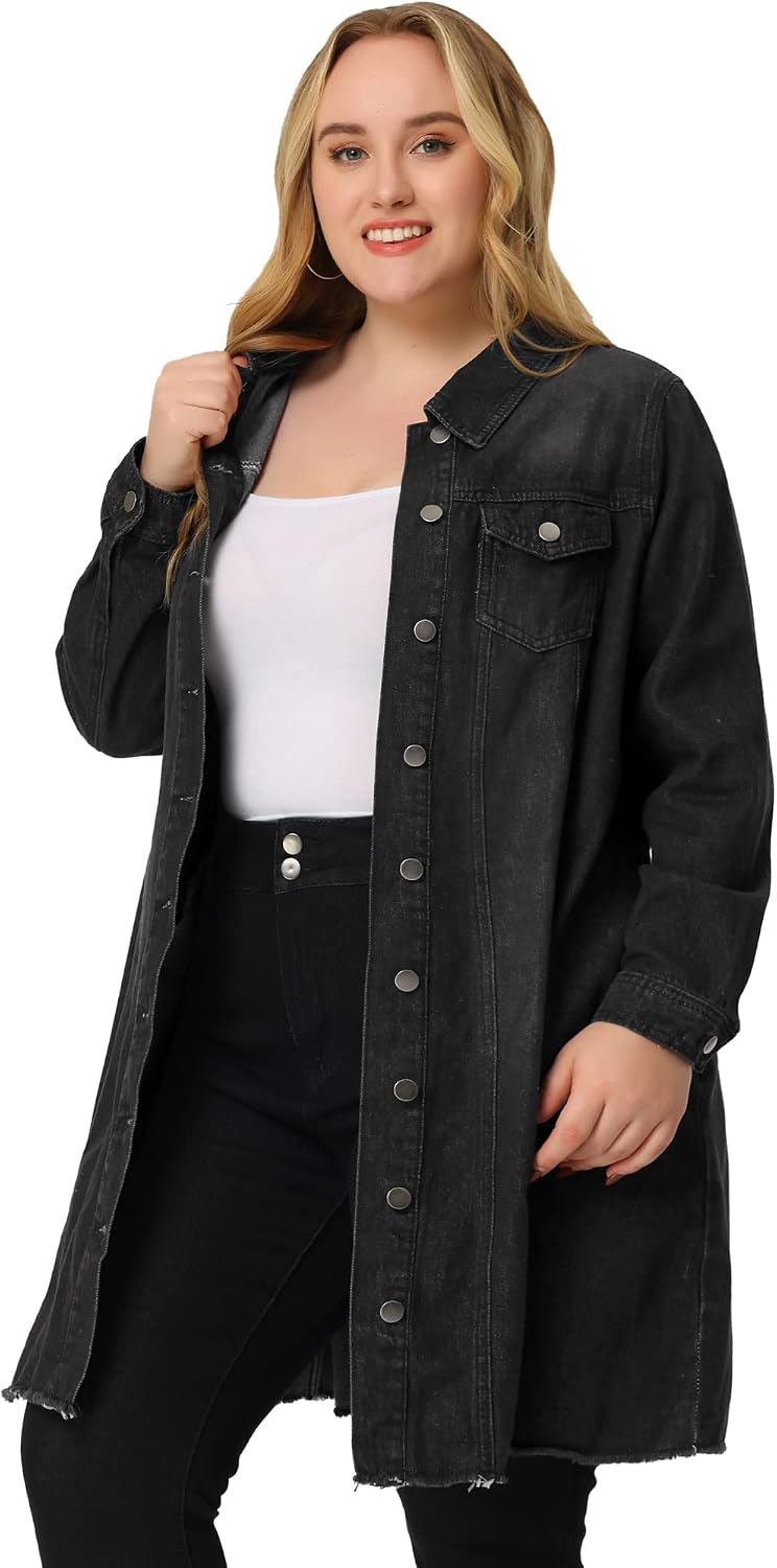 Women's Plus Size Washed Black Long Denim Jacket Women's Plus Size Washed Black Long Denim Jacket