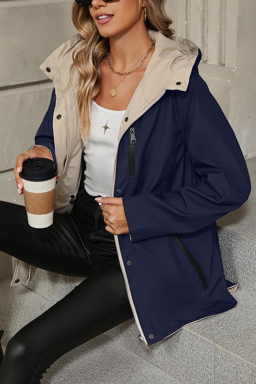 Women's Lightweight Hooded Rain Jacket Waterproof Navy Blue