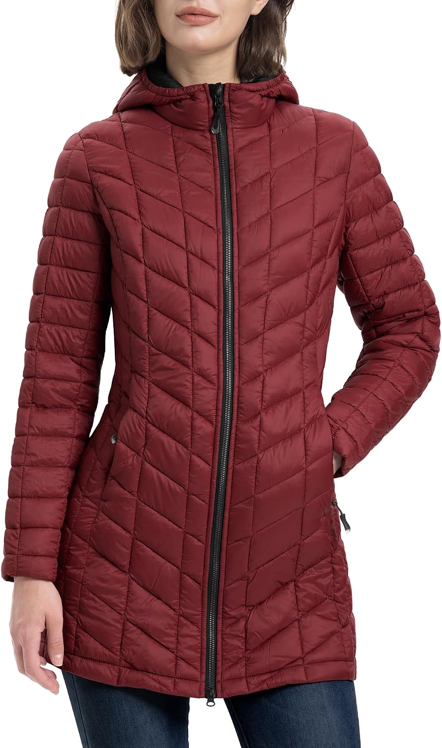 Women's Lightweight Hooded Diamond Quilted Puffer Coat Burgundy