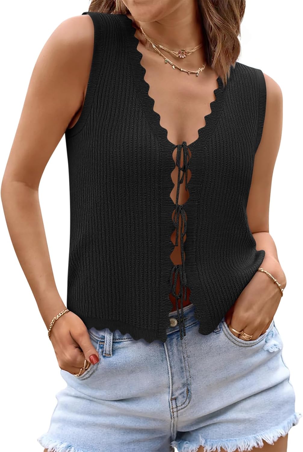 Women's Scalloped Tie Front Sweater Vest