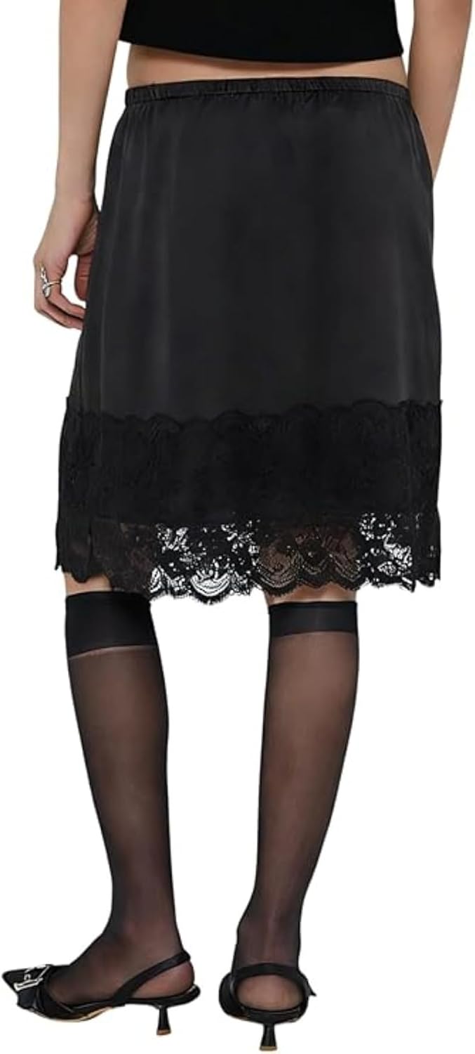 Women's Satin Lace Trim Midi Skirt Flowy Black