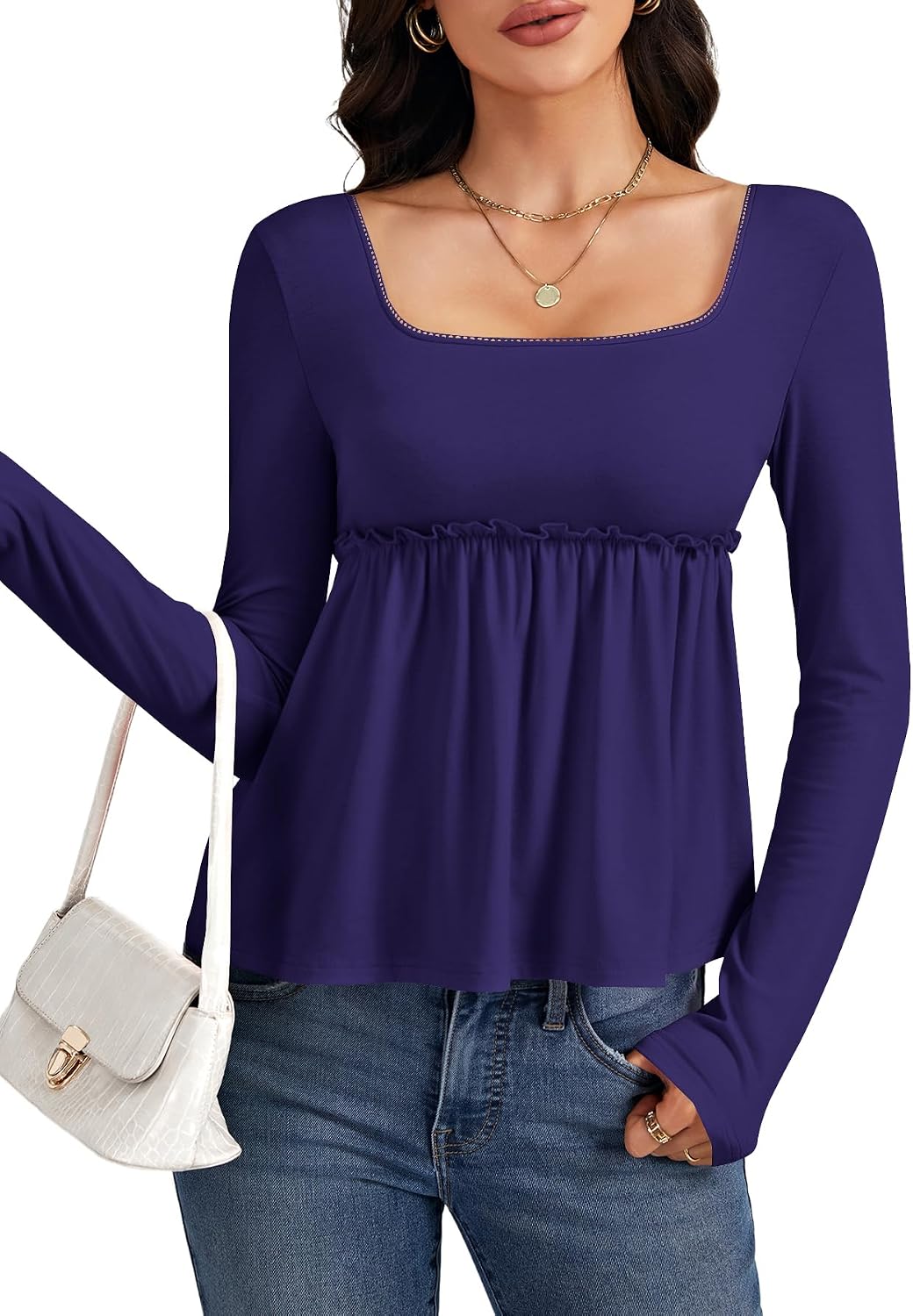 Women's Square Neck Long Sleeve Peplum Top Purple