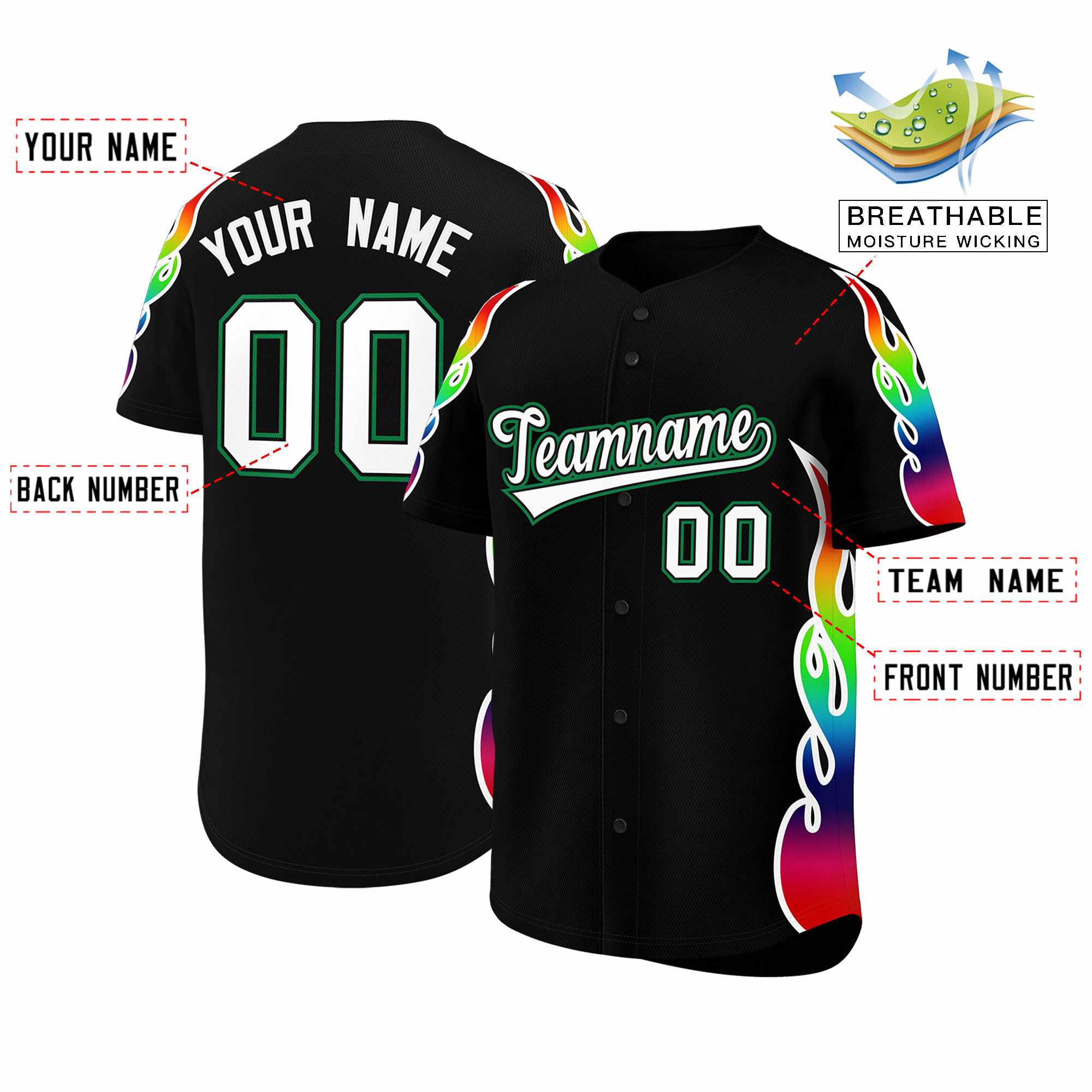 Benutzerdefiniertes Graffiti-Muster, personalisierter mehrfarbiger Flammendruck, authentisches Baseball-Trikot