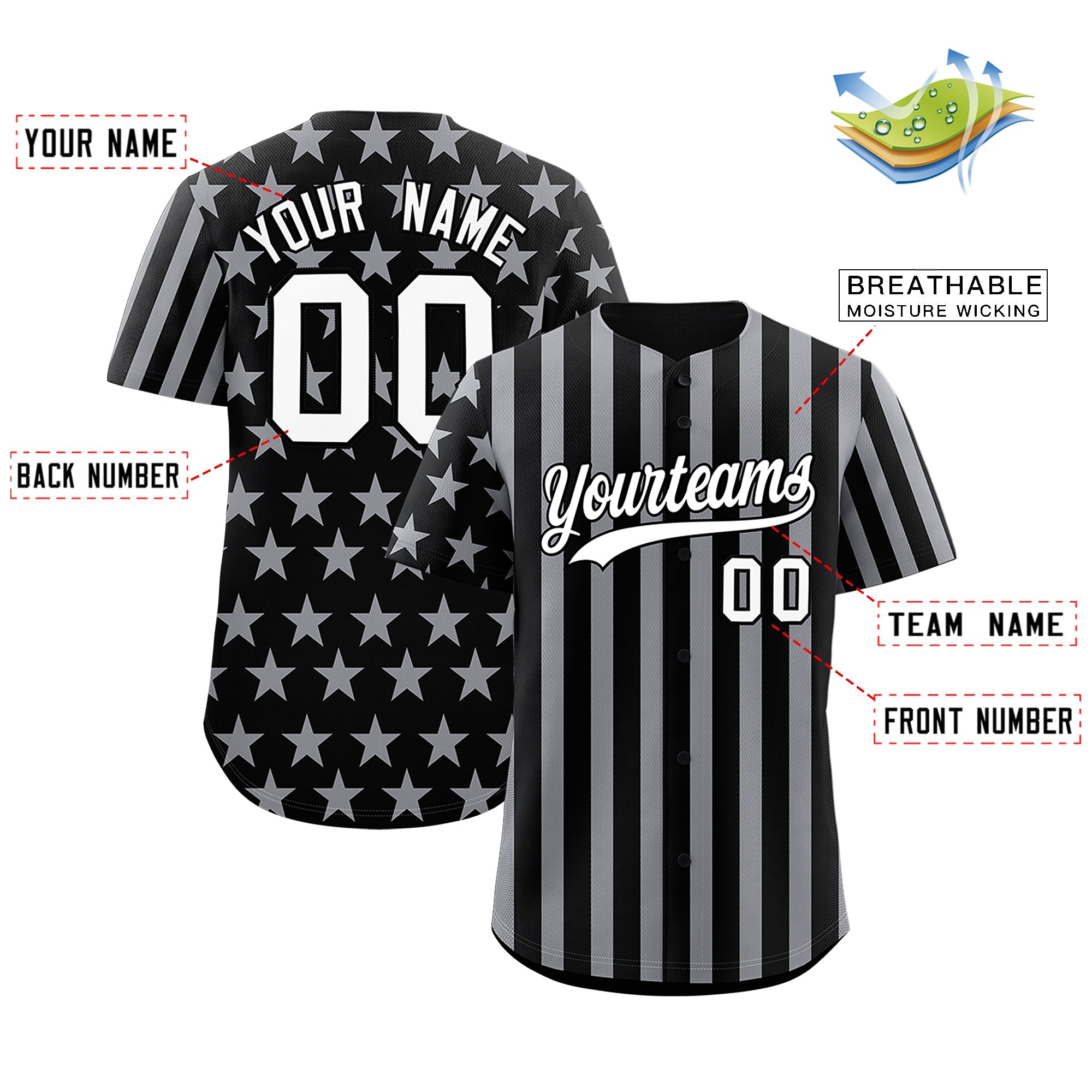 Benutzerdefiniertes Graffiti-Muster-Baseball-Trikot mit amerikanischer Flagge