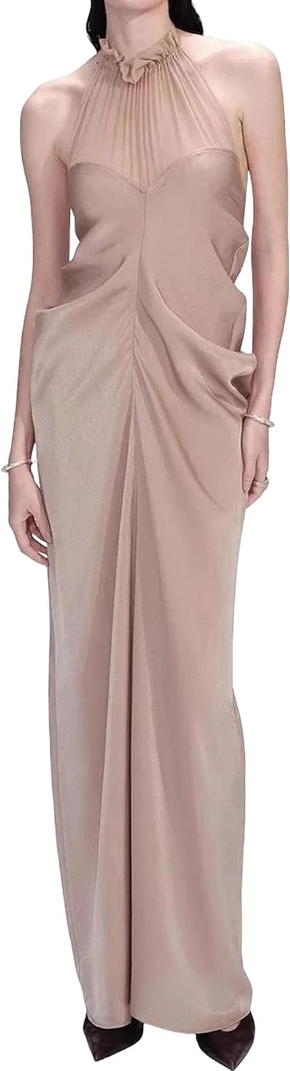 Women's Halter Maxi Dress Sheer Mesh Neck Ruched Nude