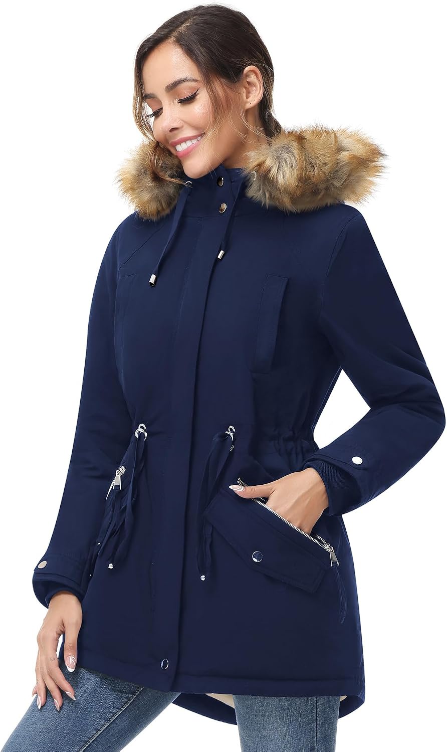 Women's Sherpa Lined Parka Coat Faux Fur Hood Navy