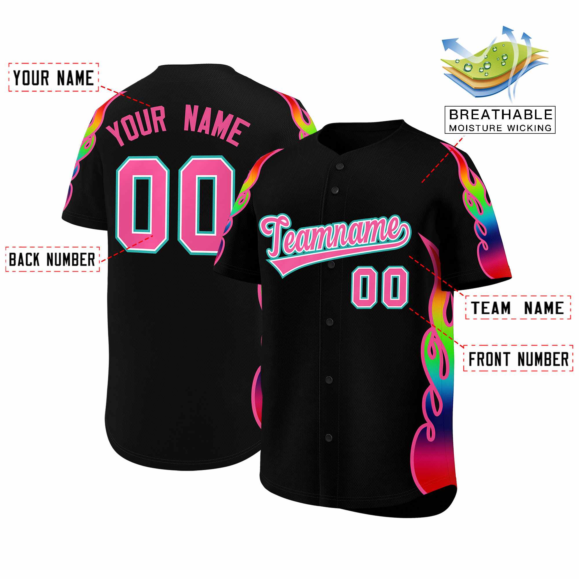 Benutzerdefiniertes Graffiti-Muster, personalisierter mehrfarbiger Flammendruck, authentisches Baseball-Trikot