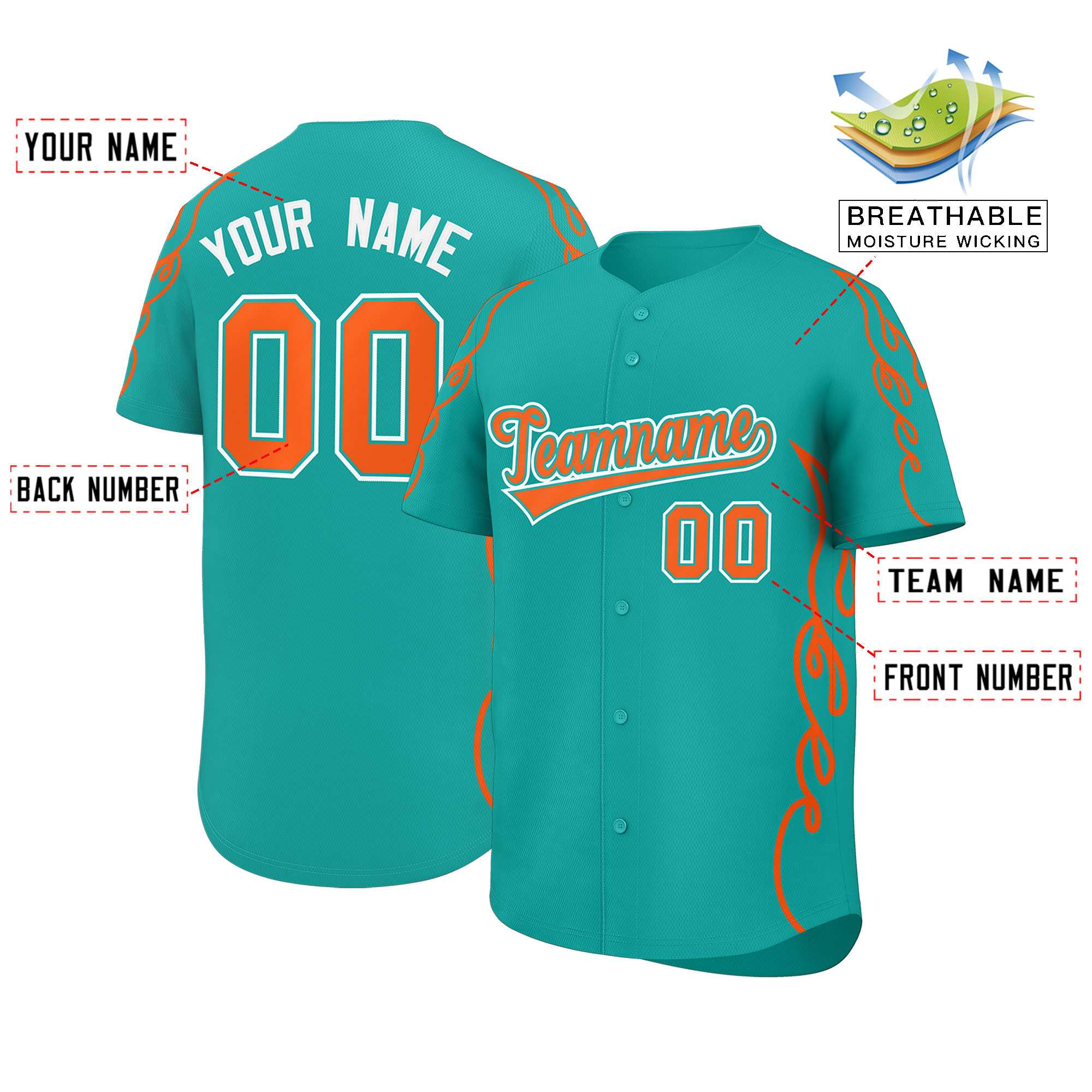 Benutzerdefiniertes Baseball-Trikot mit Seitenflammen-Umrissmuster für Sportuniformen