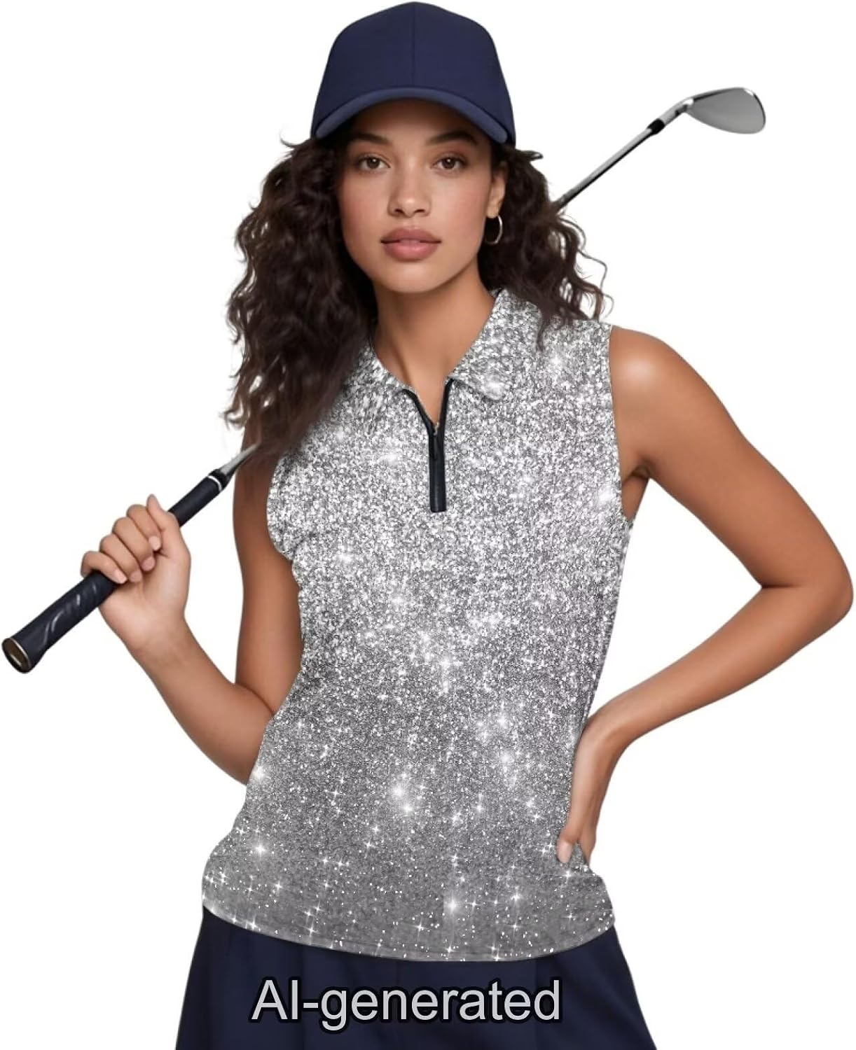 Women's Glitter Print Sleeveless Golf Polo Zip Collar