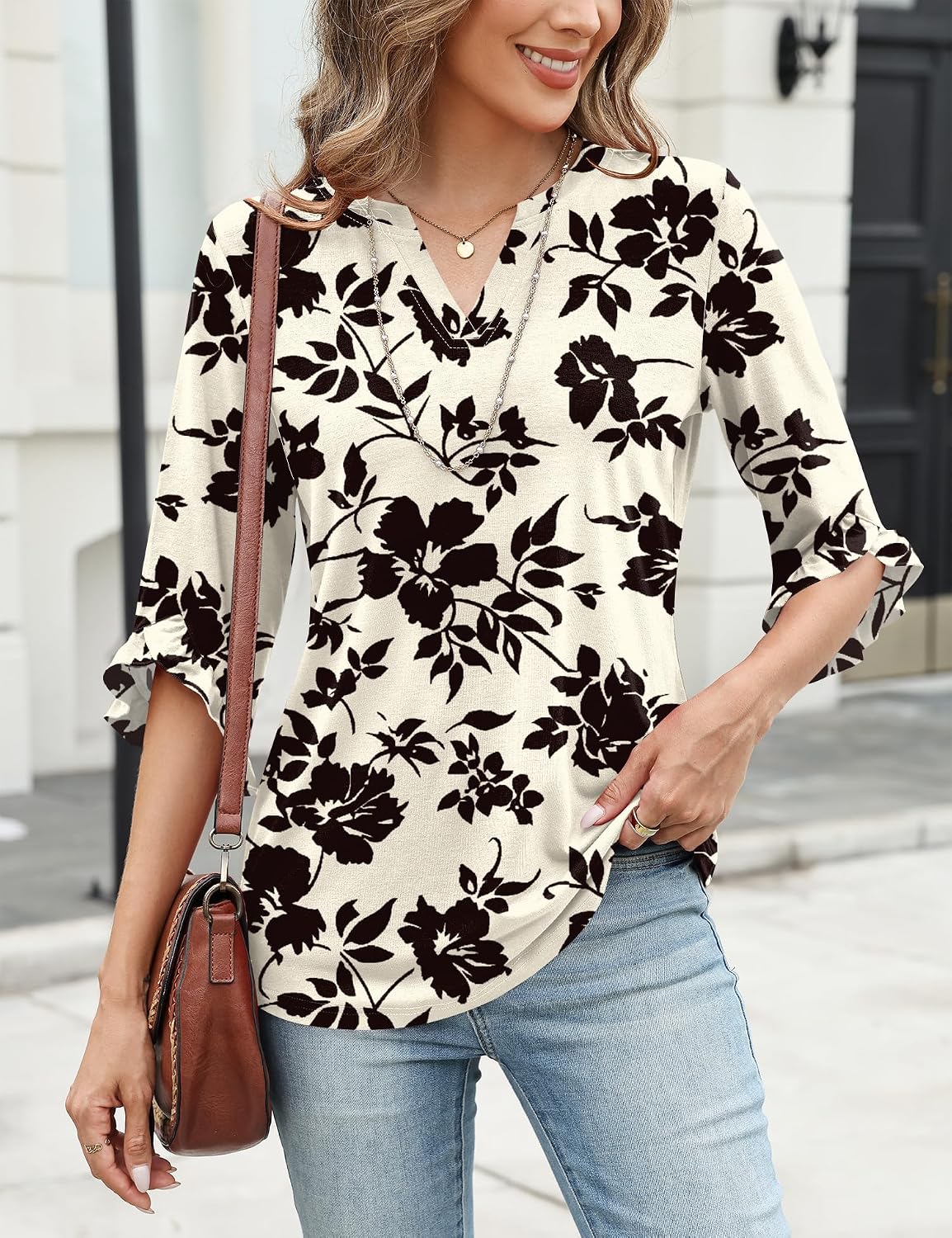 3-Quarter Length Sleeve Womens Tops Dressy V Neck Blouse Ruffle Shirts Summer Fall Clothes