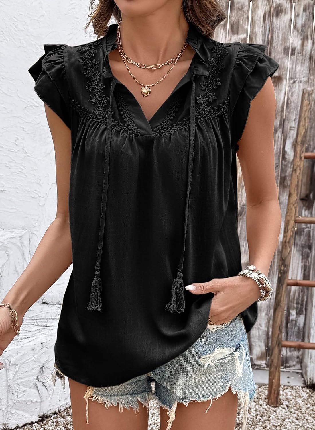Women's Lace Embroidery Tassel V Neck Blouse Black Women's Lace Embroidery Tassel V Neck Blouse Black
