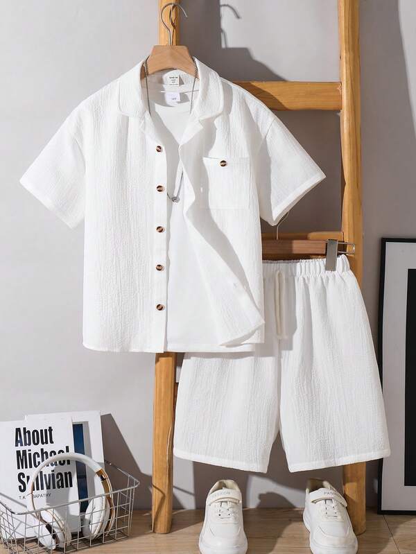 Teilweise Outfits für Teenager und Jungen, lässig, Sport, College-Kunst, Vintage-Stil, strukturierter Stoff, aufgesetzte Taschen, verziertes Revers, Hemd und Shorts, Outfit für Kinderkleidung, Kleidung für Kleinkinder, Jungen, Schulanfang, Jungen-Outfit, 