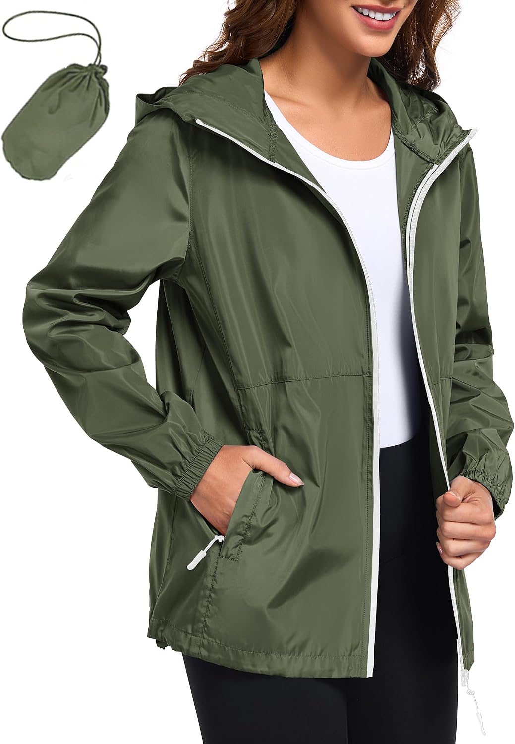 Women's Packable Hooded Rain Jacket Waterproof Army Green